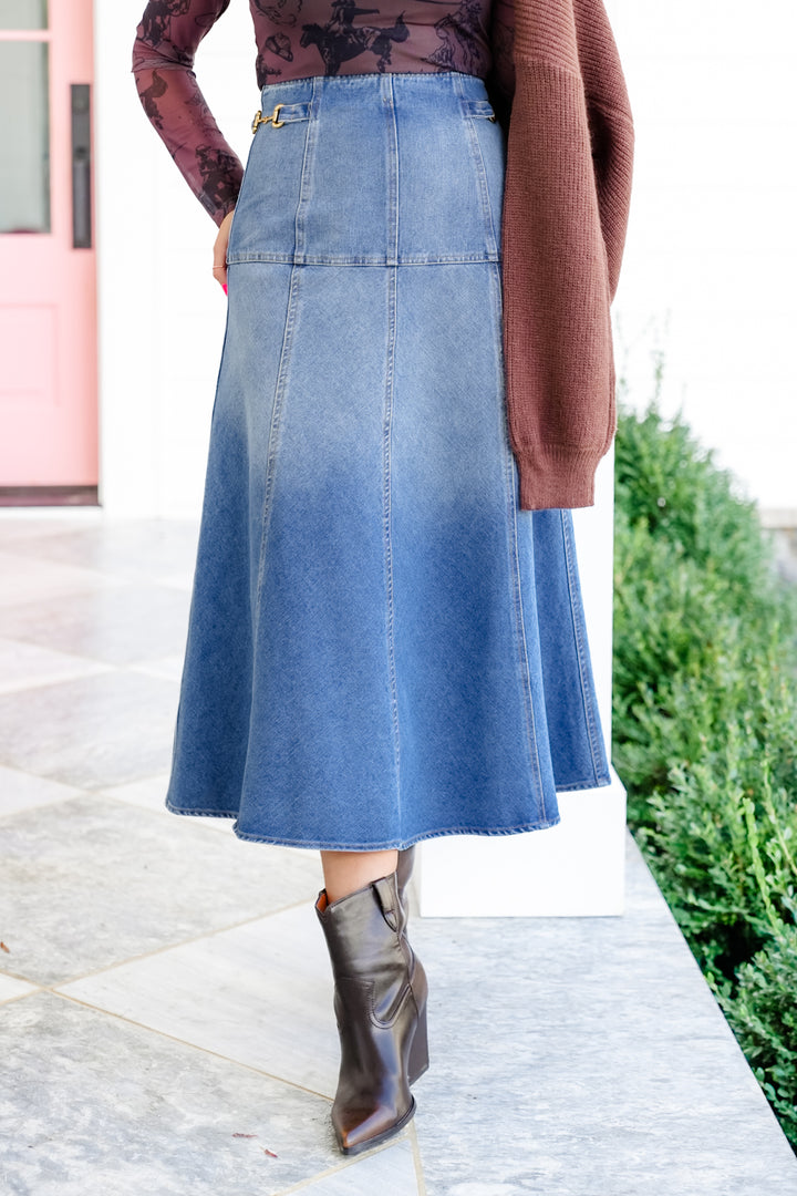 Medium Wash High Waisted Midi Skirt