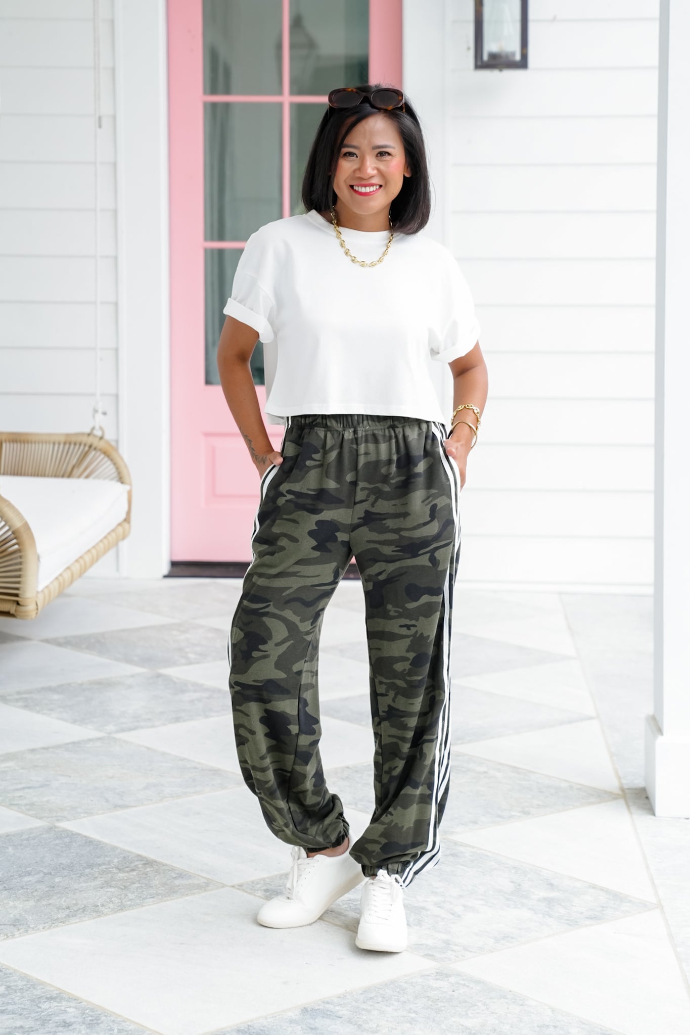 Restock! Camo Elastic Waist Track Pants with Stripe Detail