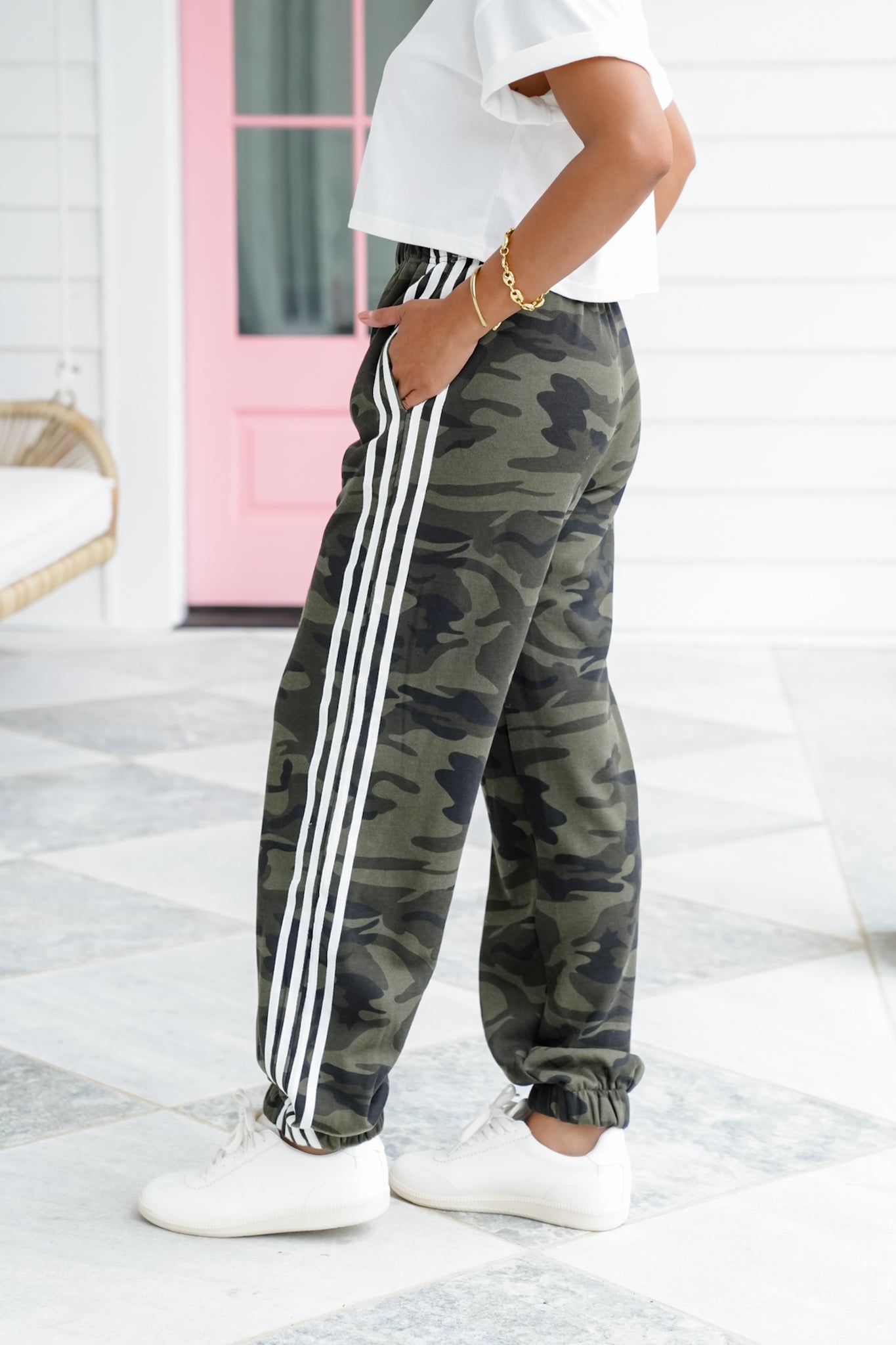 Restock! Camo Elastic Waist Track Pants with Stripe Detail