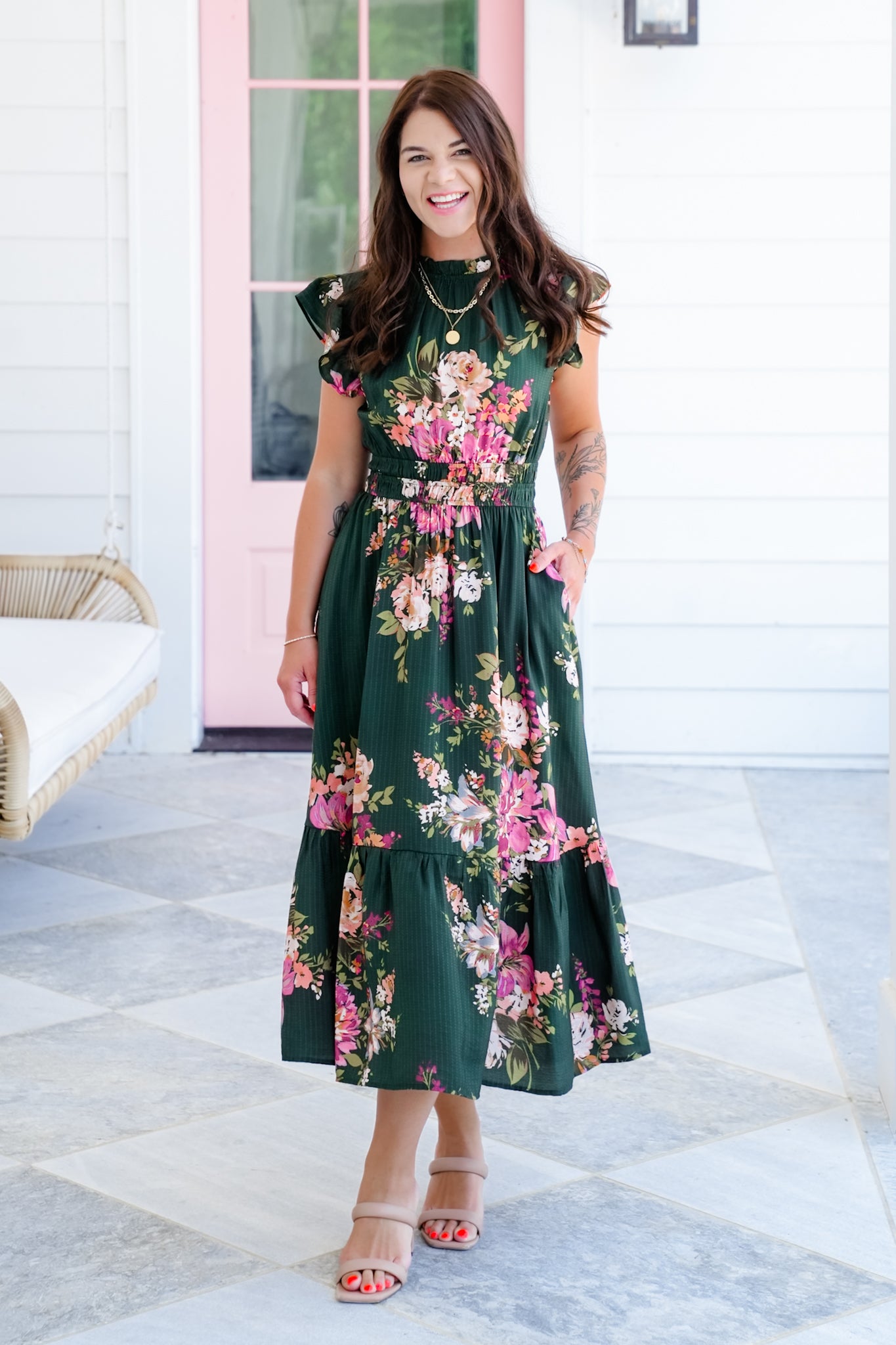 Plus/Reg Floral Flutter Sleeve Ruffle Neck Midi Dress