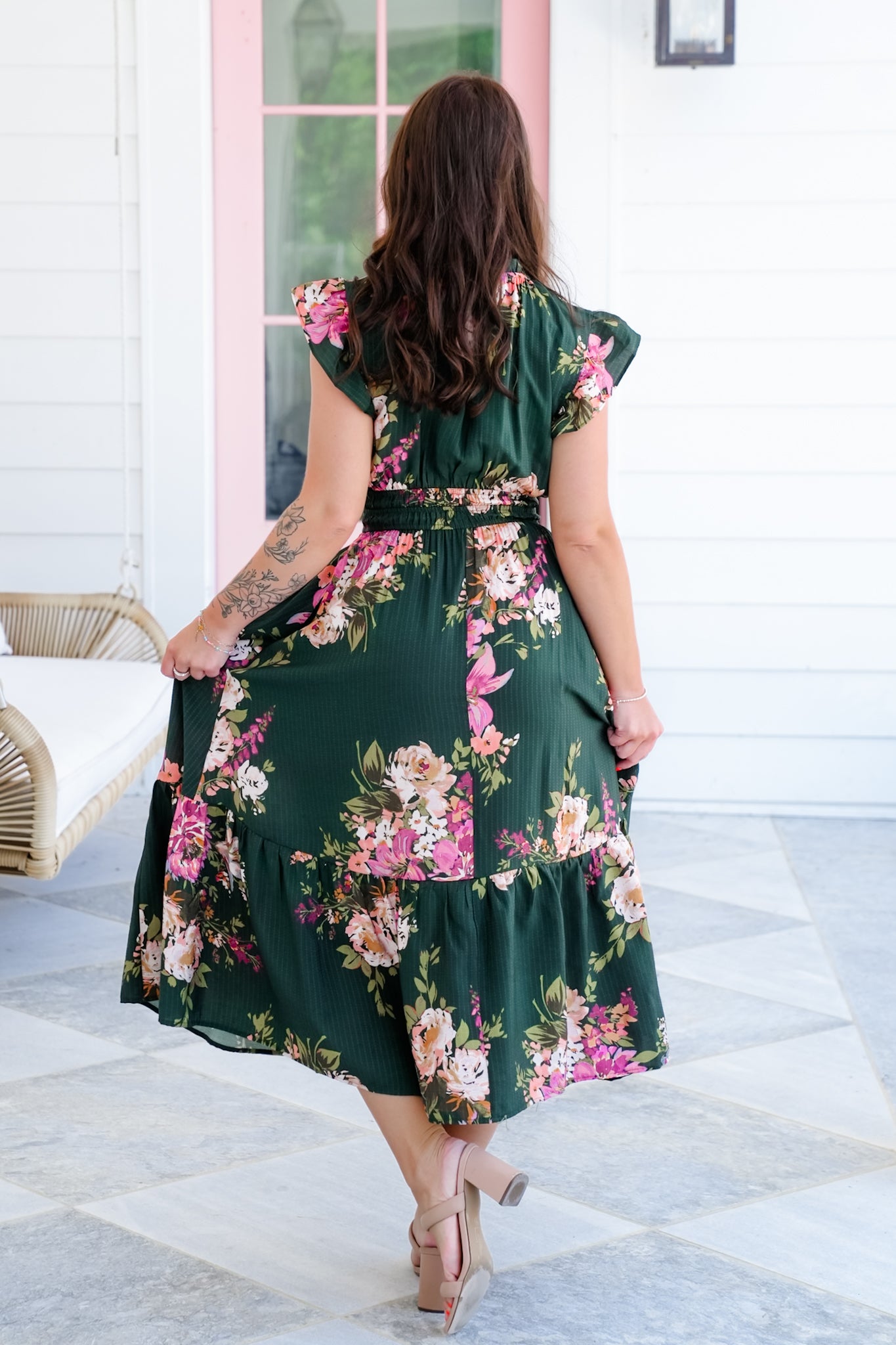 Plus/Reg Floral Flutter Sleeve Ruffle Neck Midi Dress