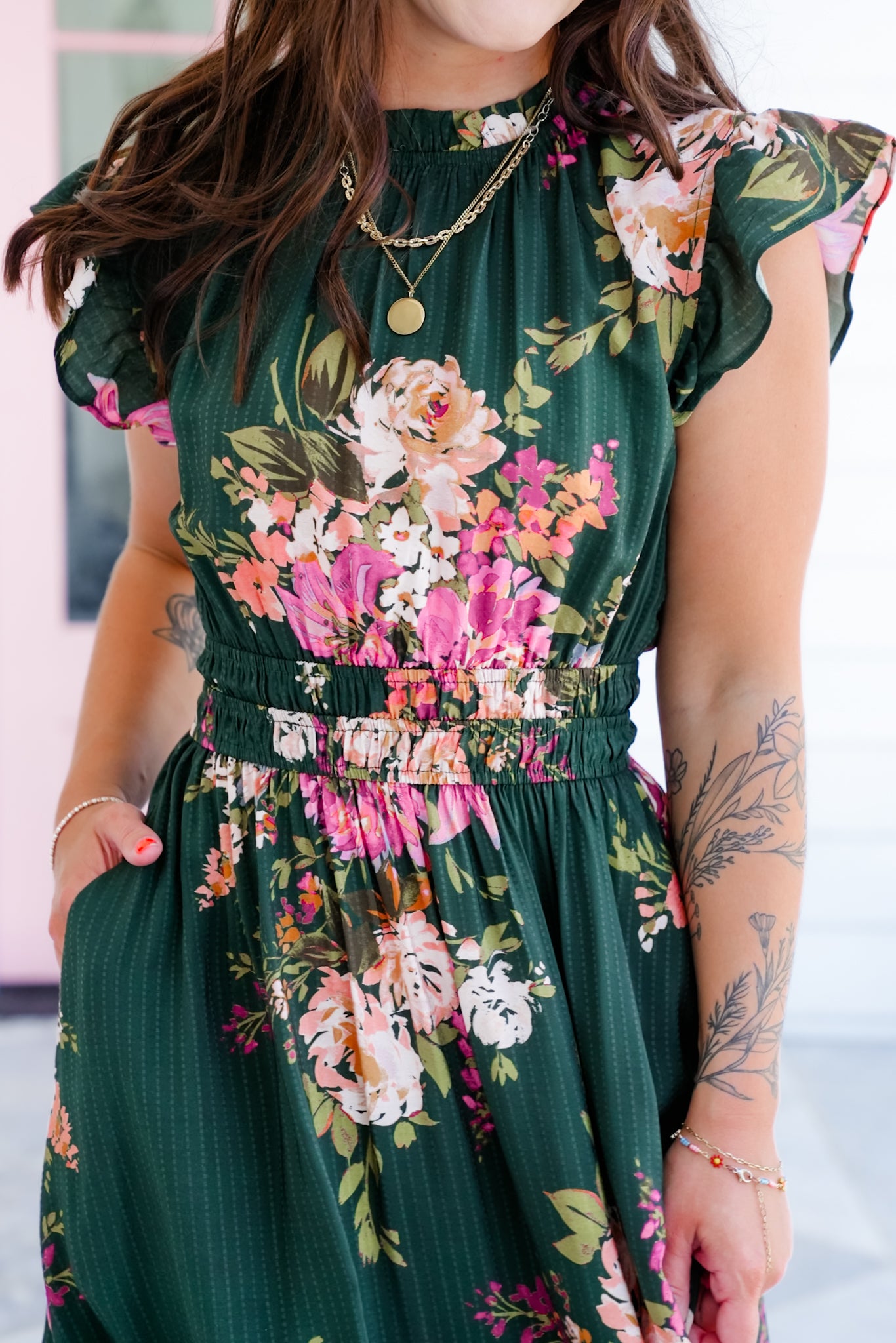 Plus/Reg Floral Flutter Sleeve Ruffle Neck Midi Dress