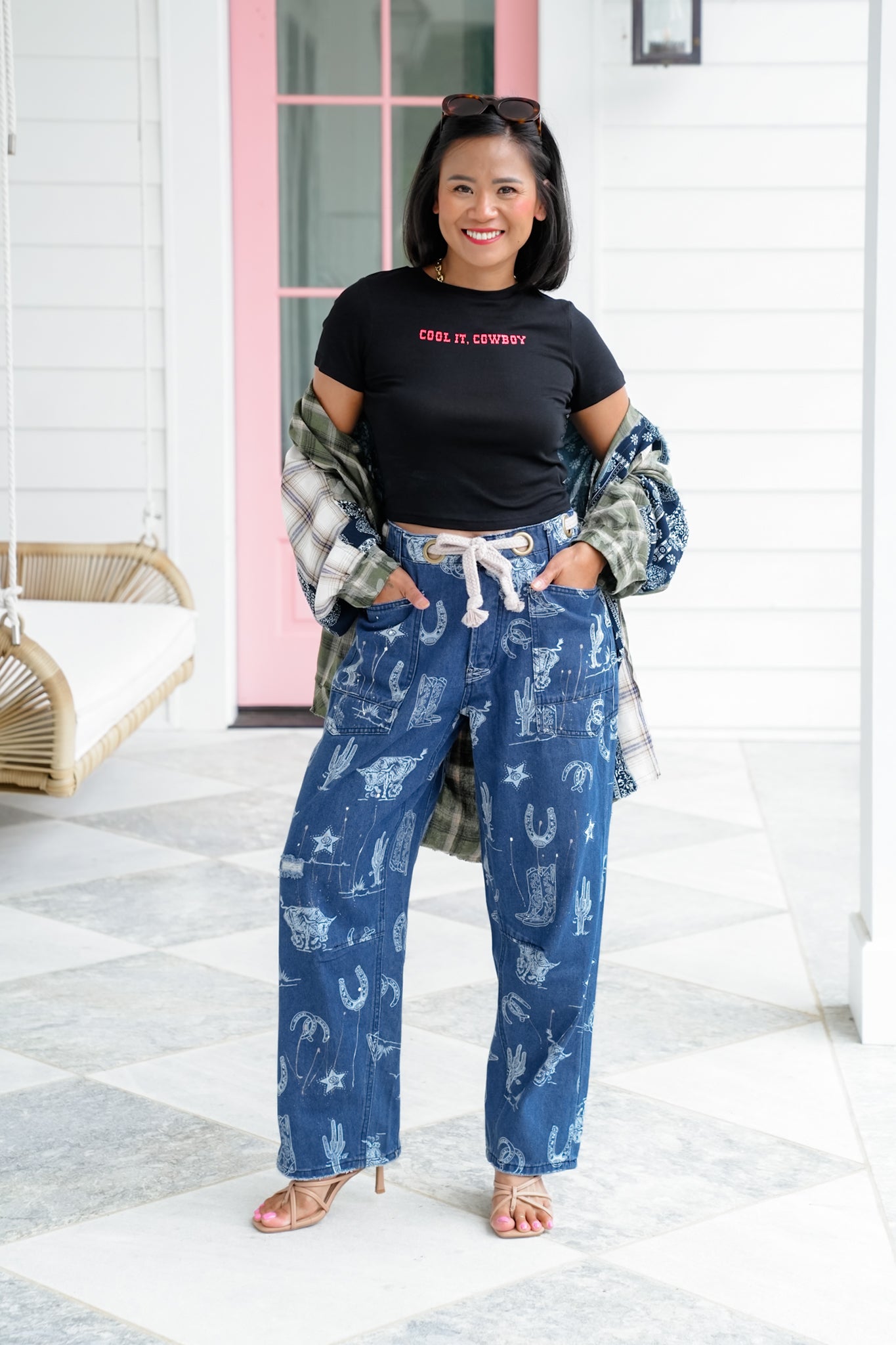 Western Print High Waist Jeans with Braided Belt Detail