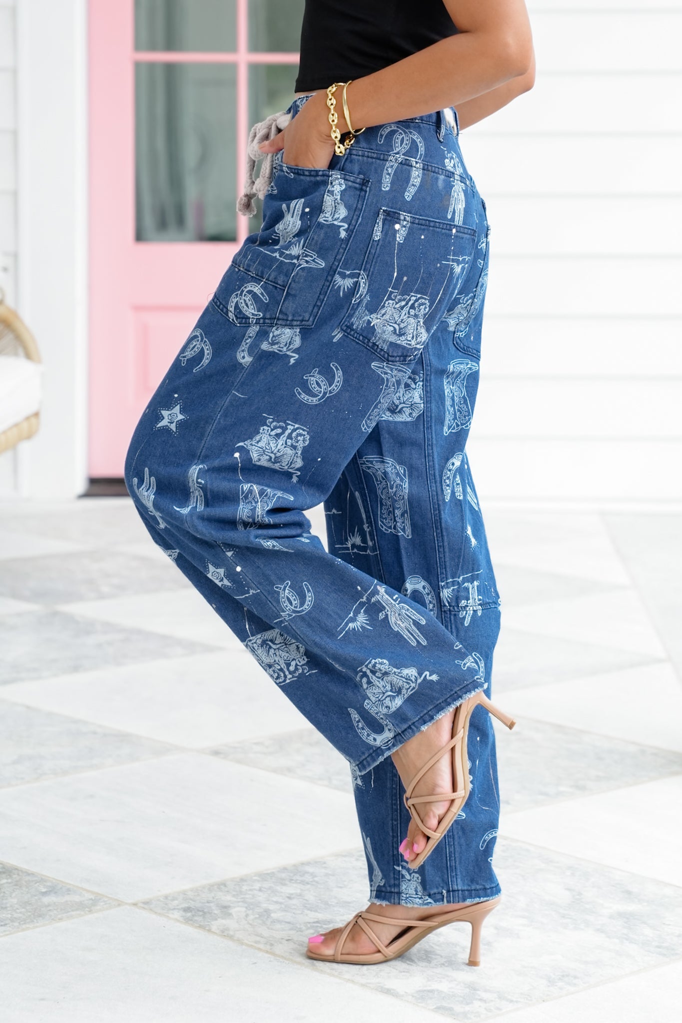 Western Print High Waist Jeans with Braided Belt Detail