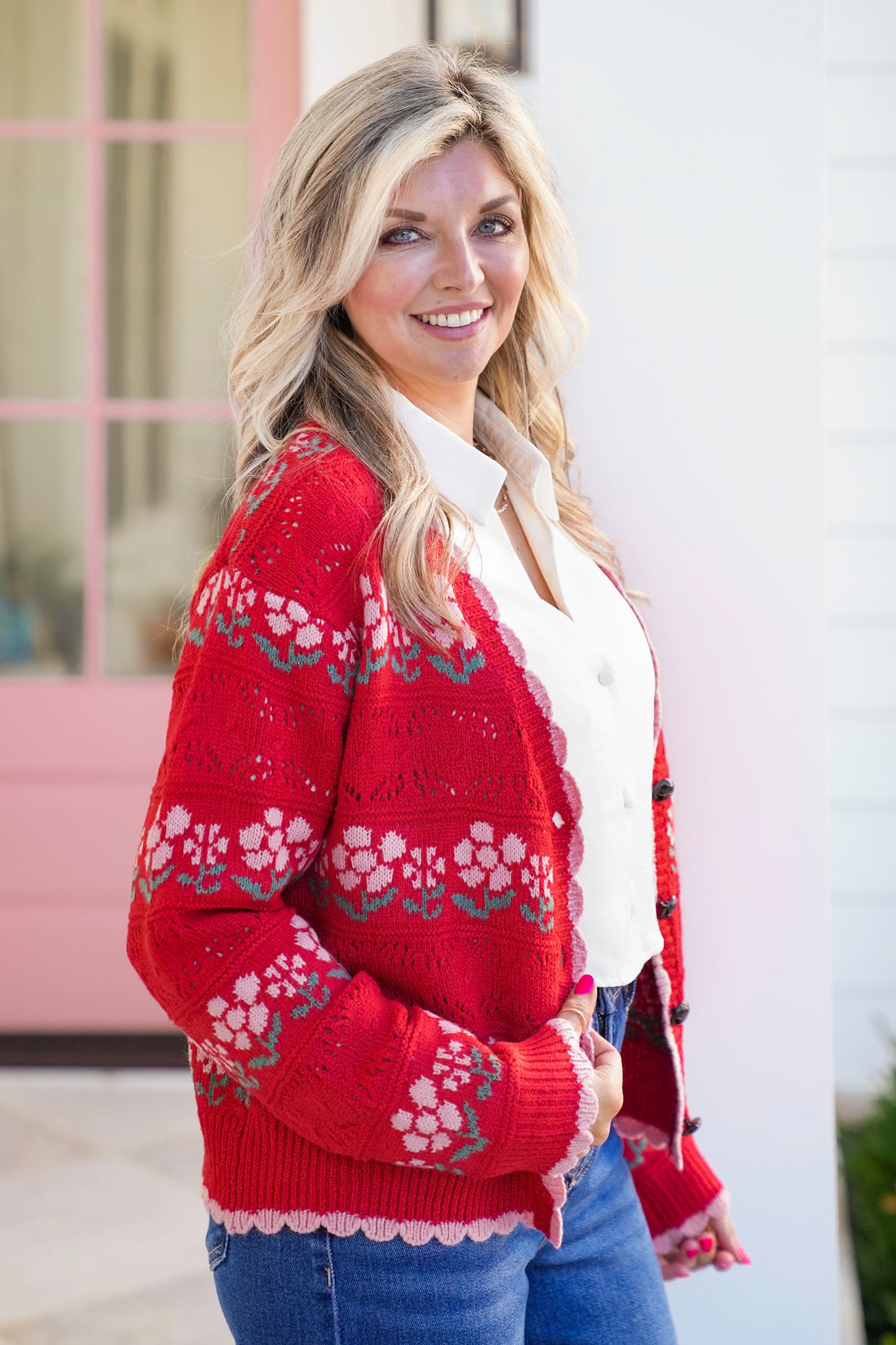 Floral Crochet Knit Cardigan with Scallop Detail