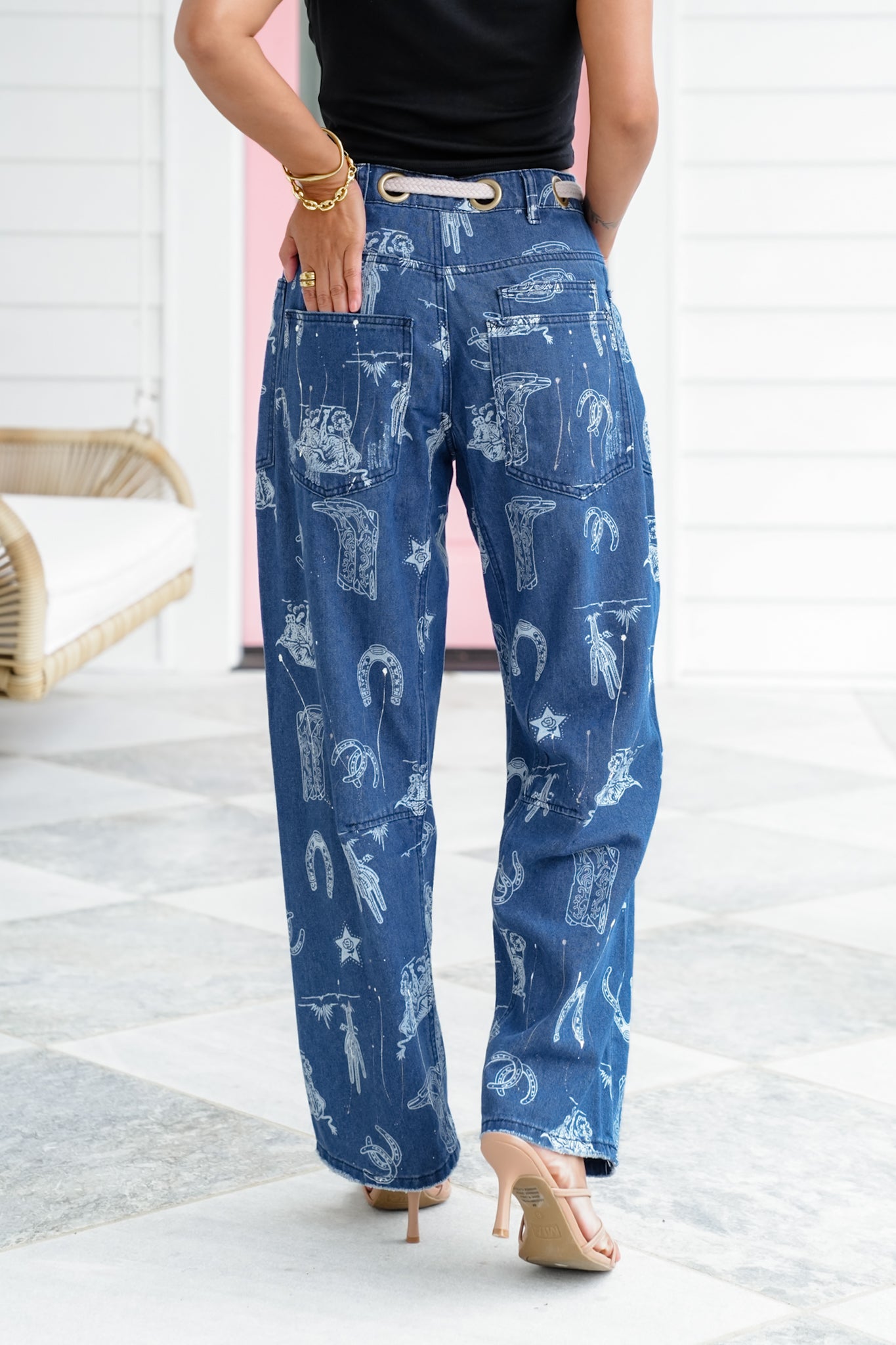 Western Print High Waist Jeans with Braided Belt Detail