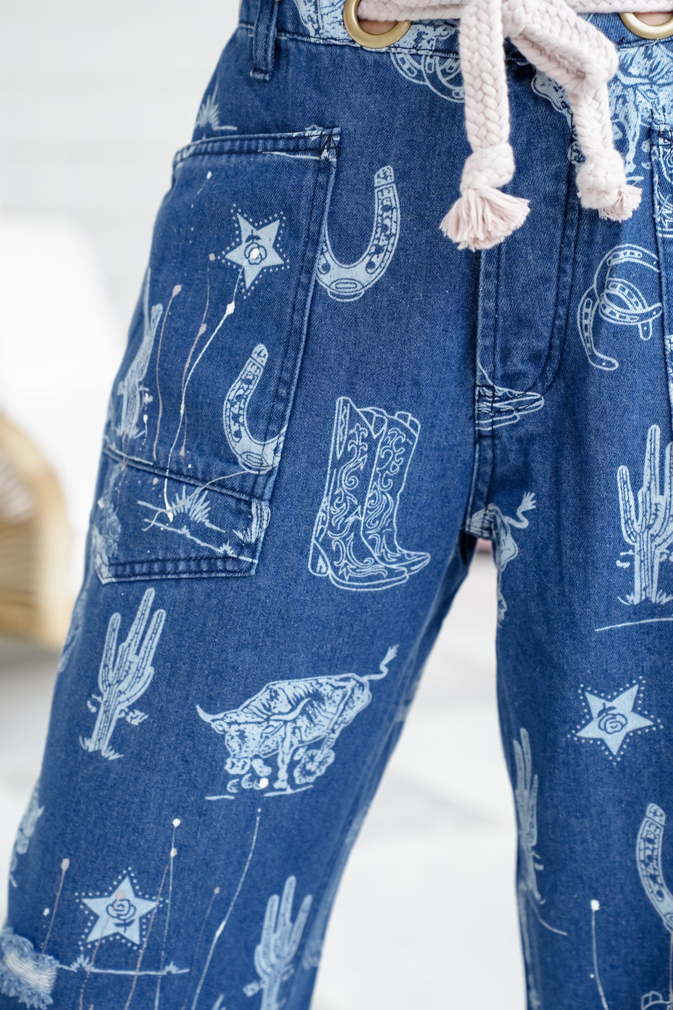 Western Print High Waist Jeans with Braided Belt Detail