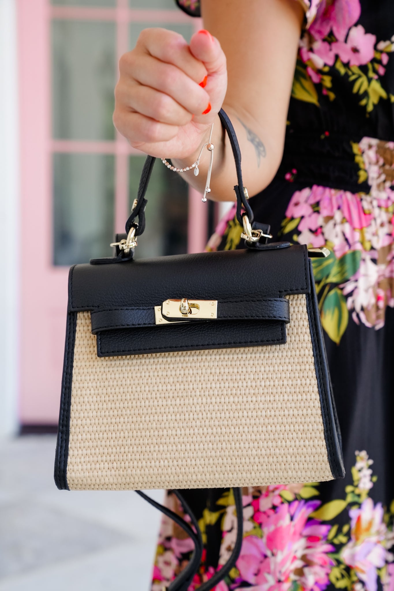 Raffia and Leather Top Handle Crossbody Bag