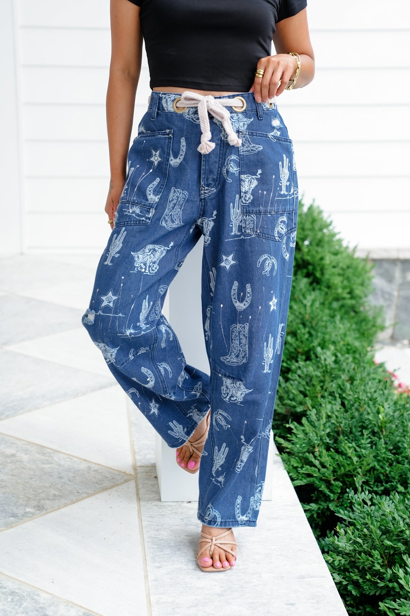 Western Print High Waist Jeans with Braided Belt Detail