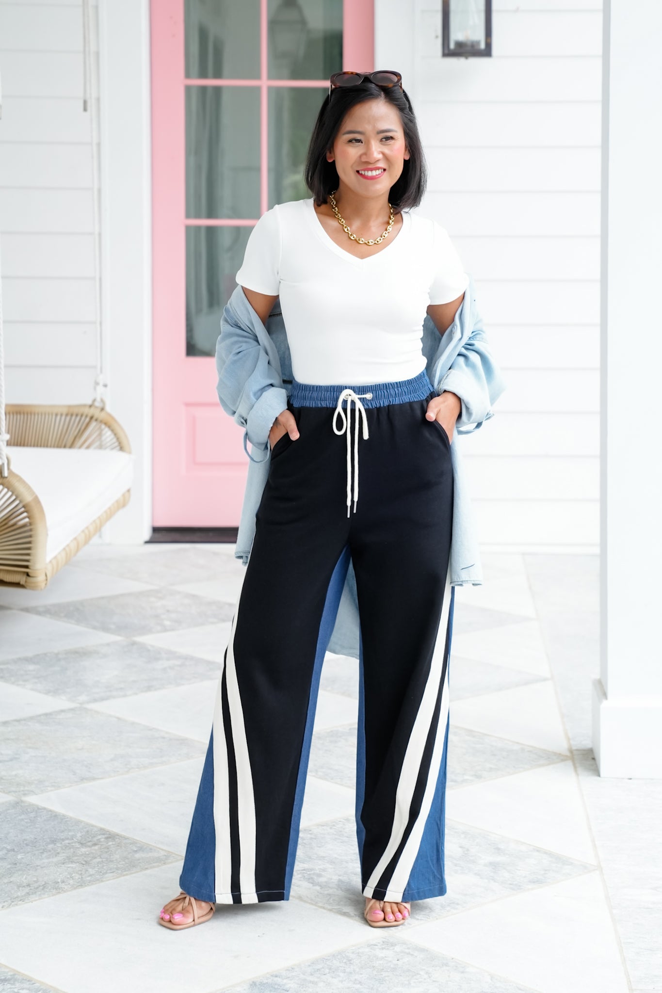 Color Block Elastic Waist Pants with Side Pockets