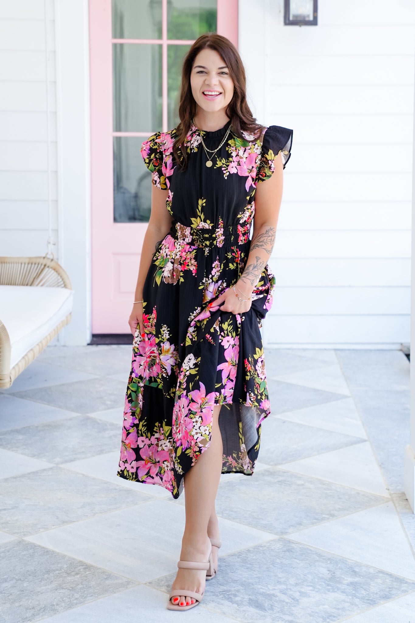 Plus/Reg Floral Flutter Sleeve Ruffle Neck Midi Dress