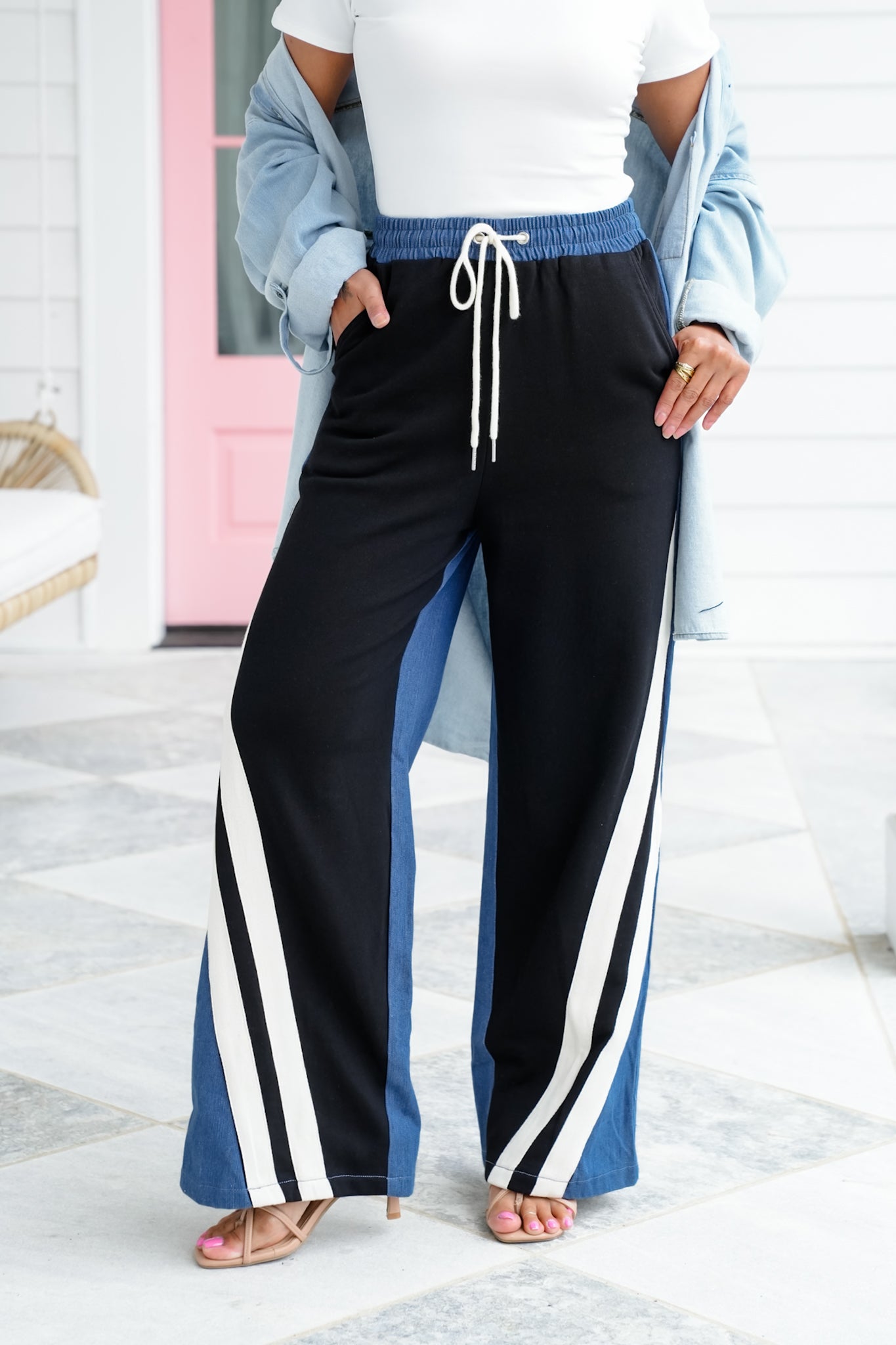 Color Block Elastic Waist Pants with Side Pockets