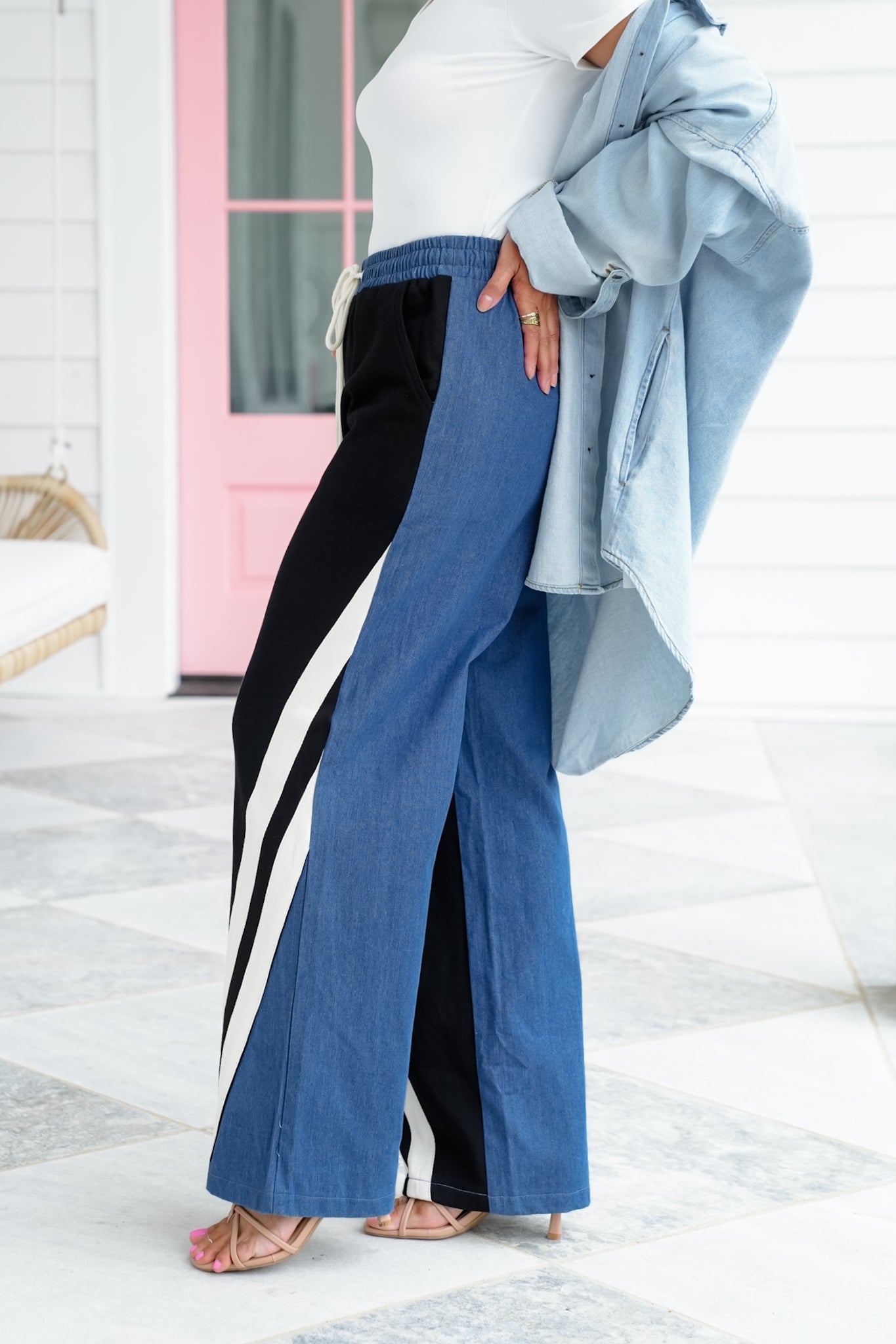 Color Block Elastic Waist Pants with Side Pockets