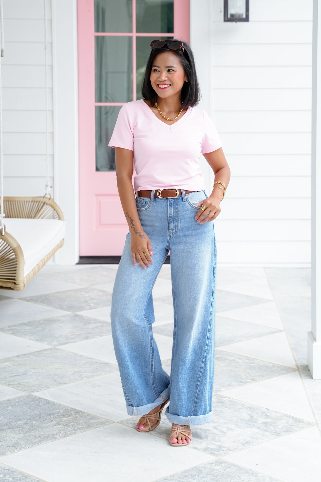 Solid Short Sleeve V-Neck Top