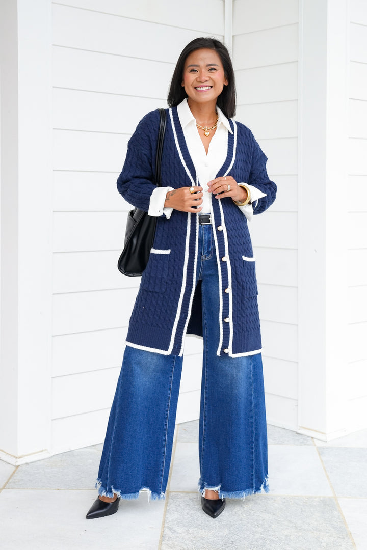 Embroidered Long Button Up Cardigan with Pockets