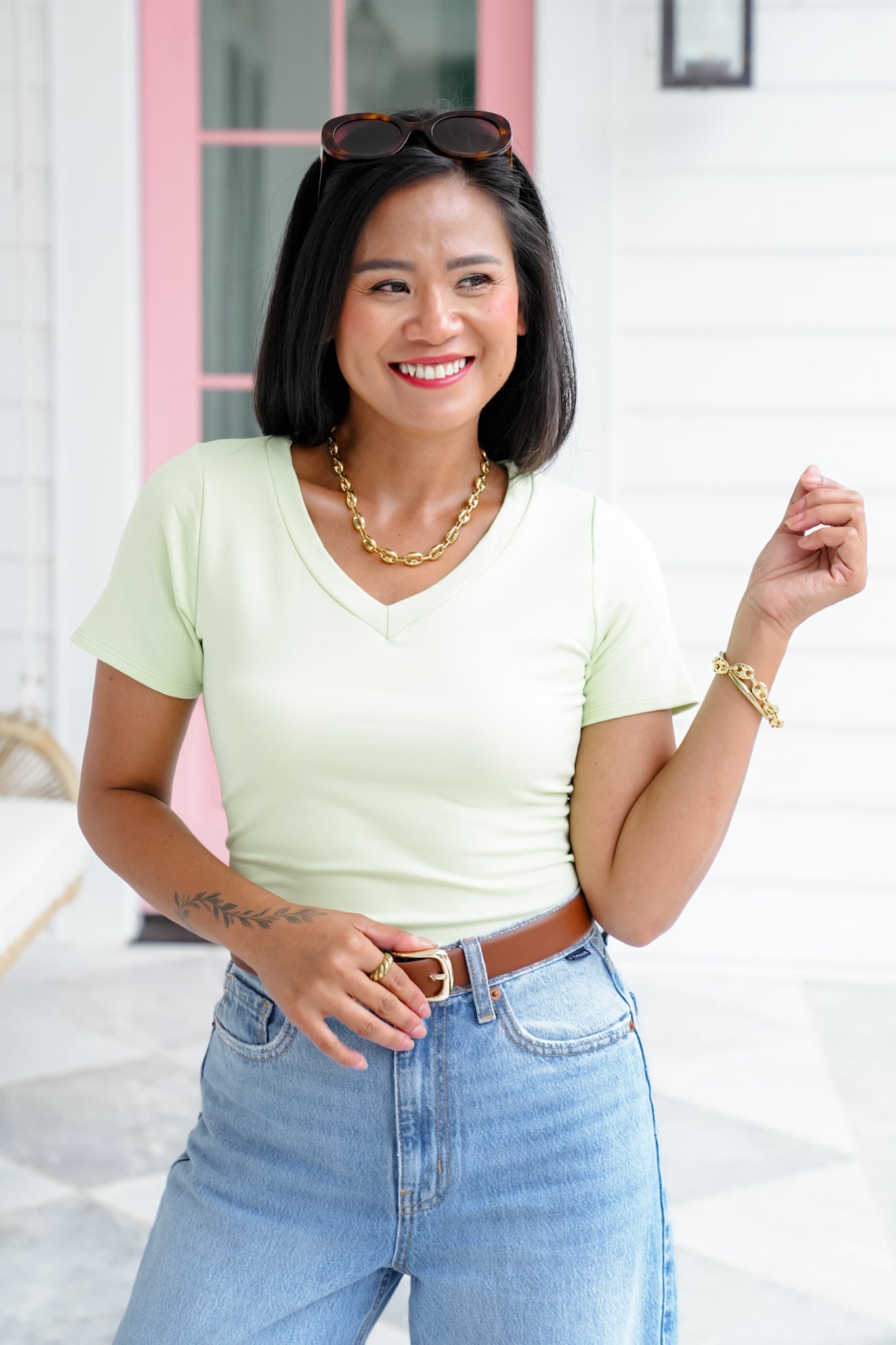 Solid Short Sleeve V-Neck Top