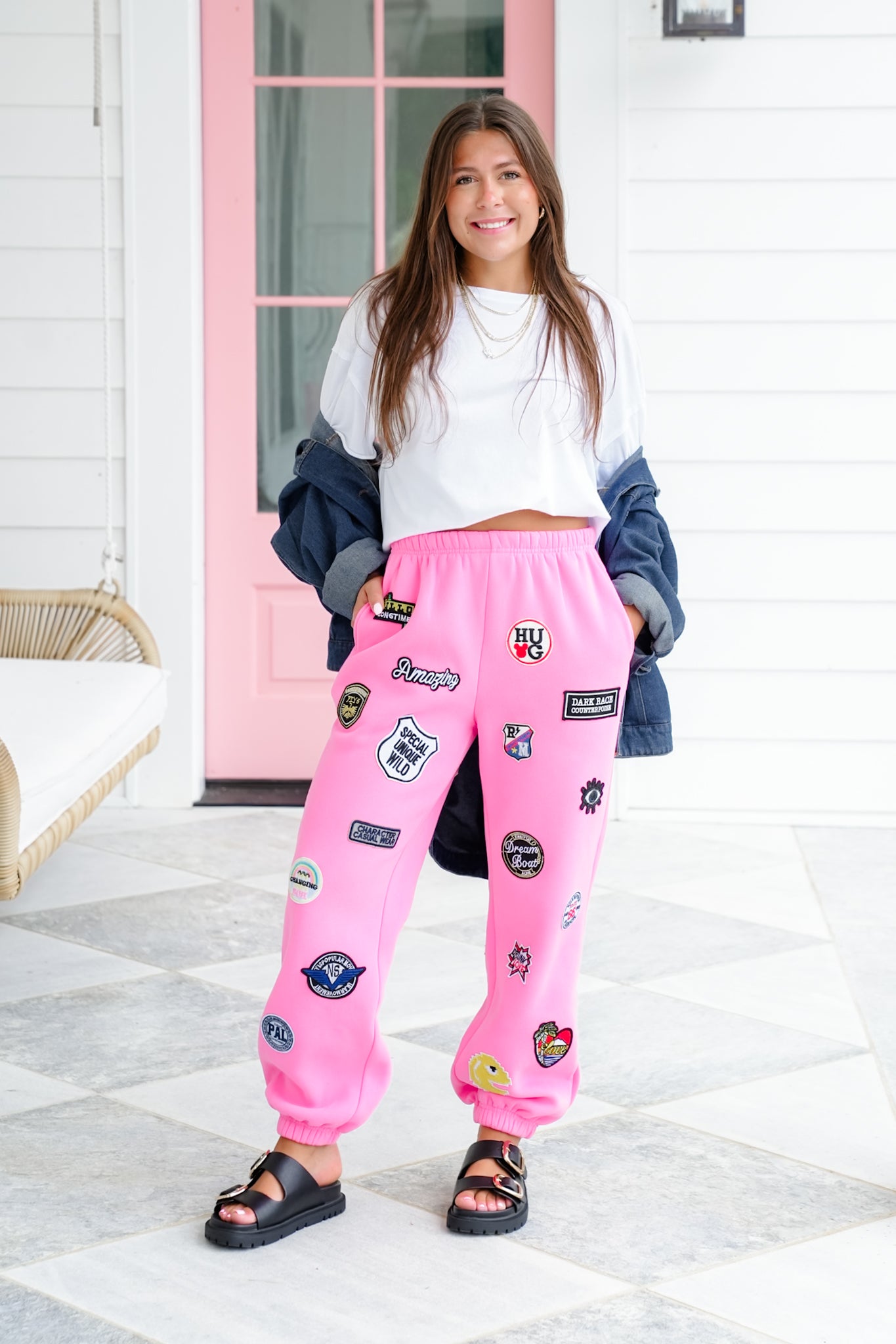 Plus/Reg High Waisted Joggers Pants with Patch Detail