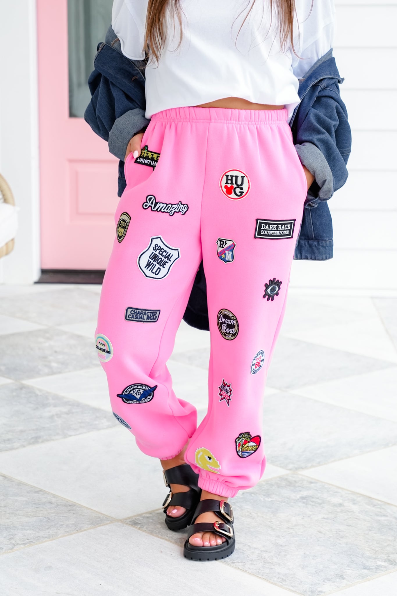 Plus/Reg High Waisted Joggers Pants with Patch Detail