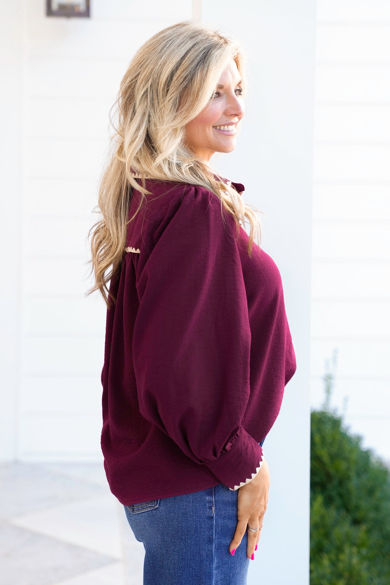 Long Sleeve Button Down Top with Blanket Stitch