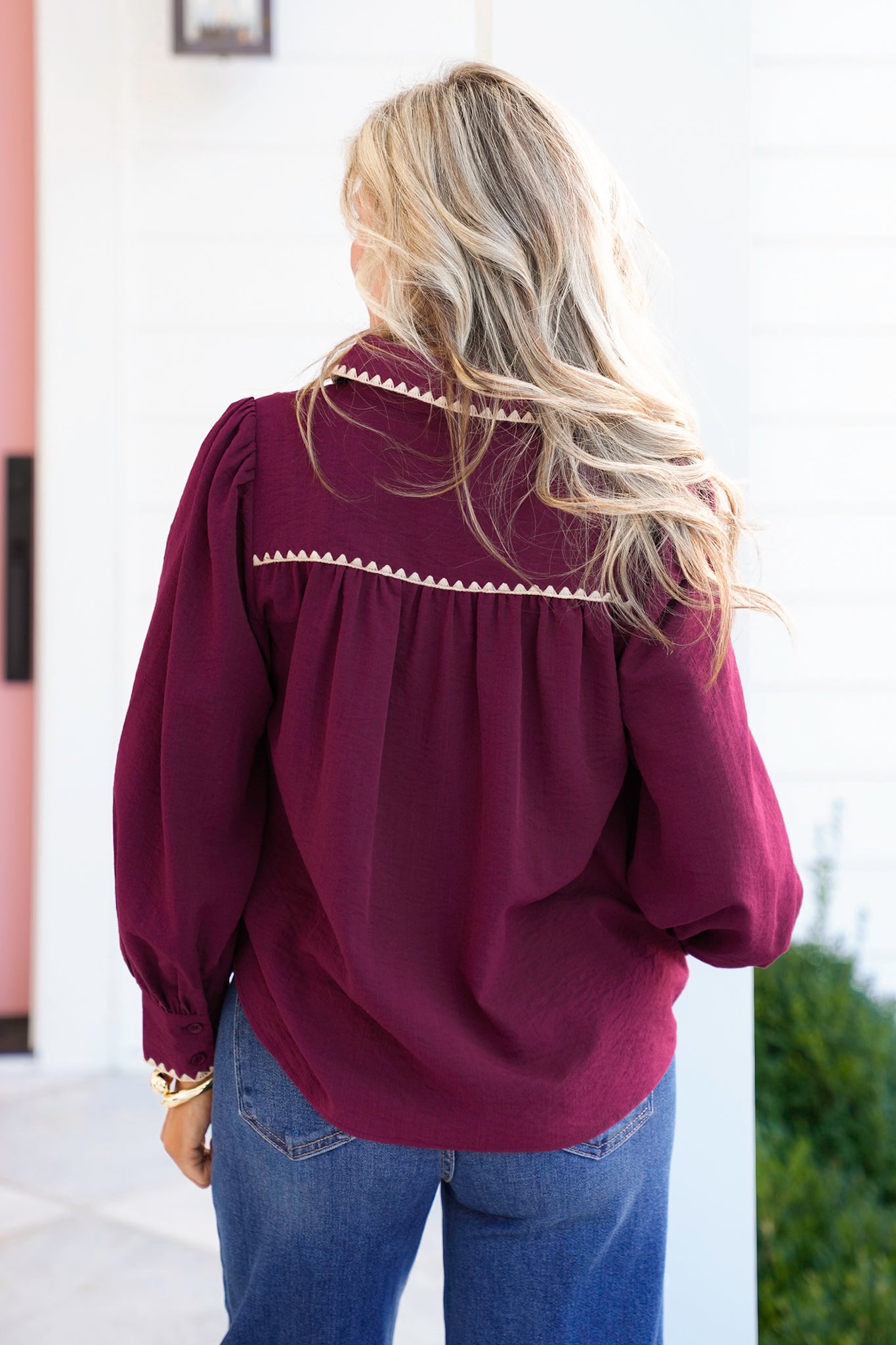 Long Sleeve Button Down Top with Blanket Stitch