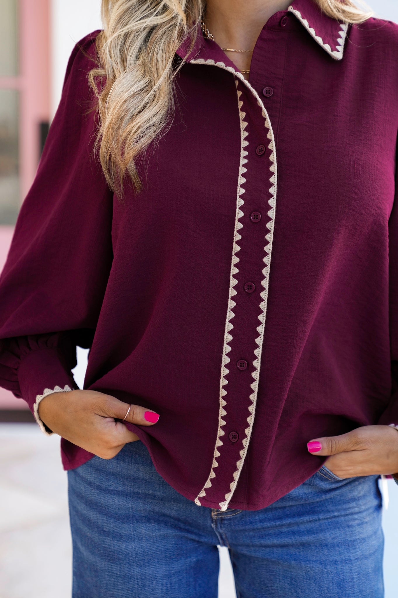 Long Sleeve Button Down Top with Blanket Stitch