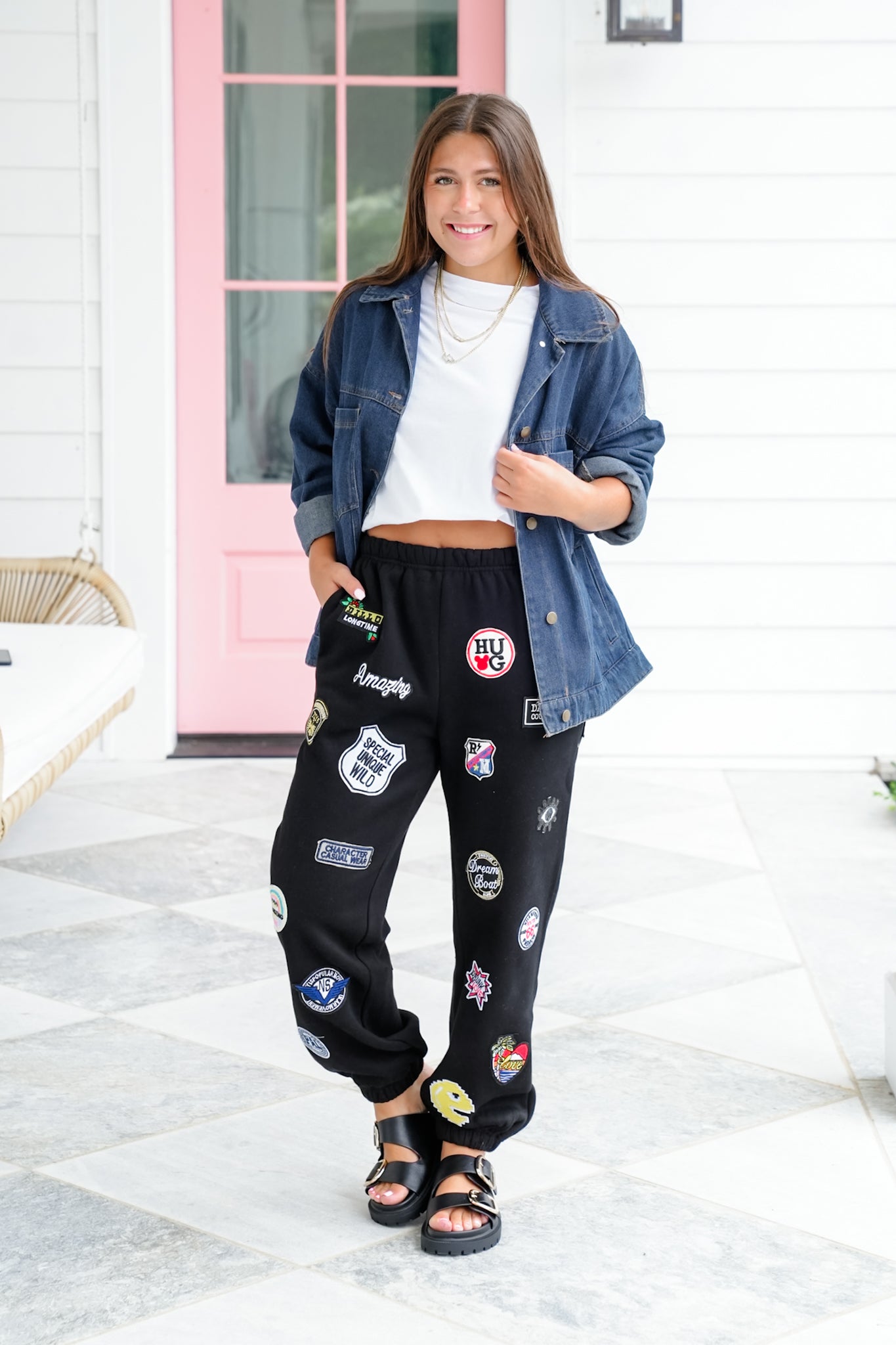 Plus/Reg High Waisted Joggers Pants with Patch Detail
