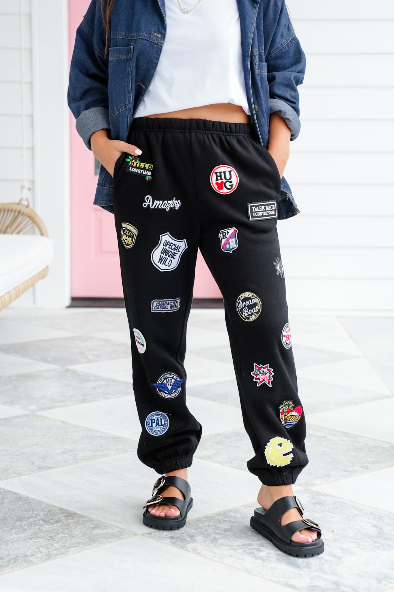 Plus/Reg High Waisted Joggers Pants with Patch Detail
