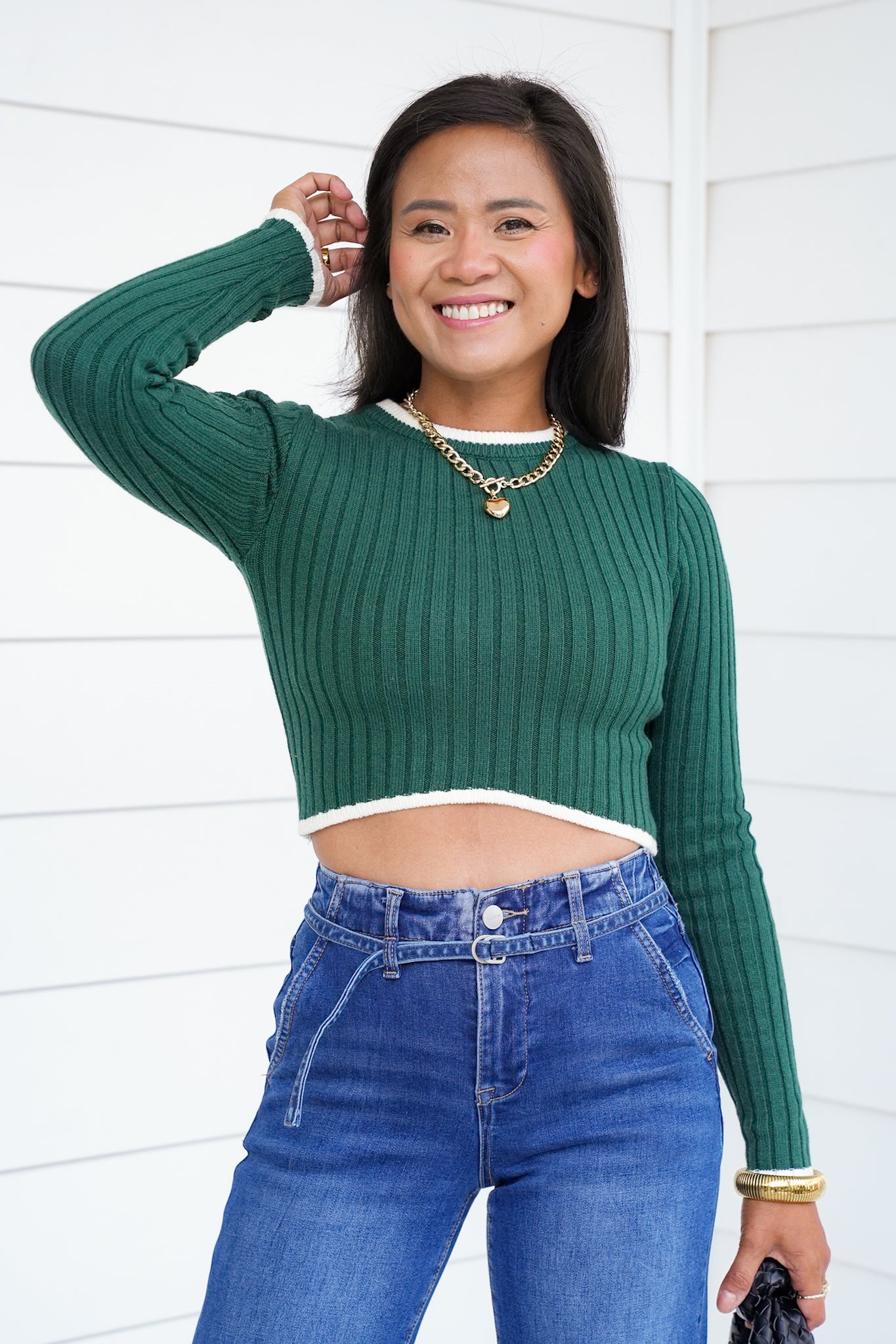 Ribbed Knit Long Sleeve Cropped Sweater