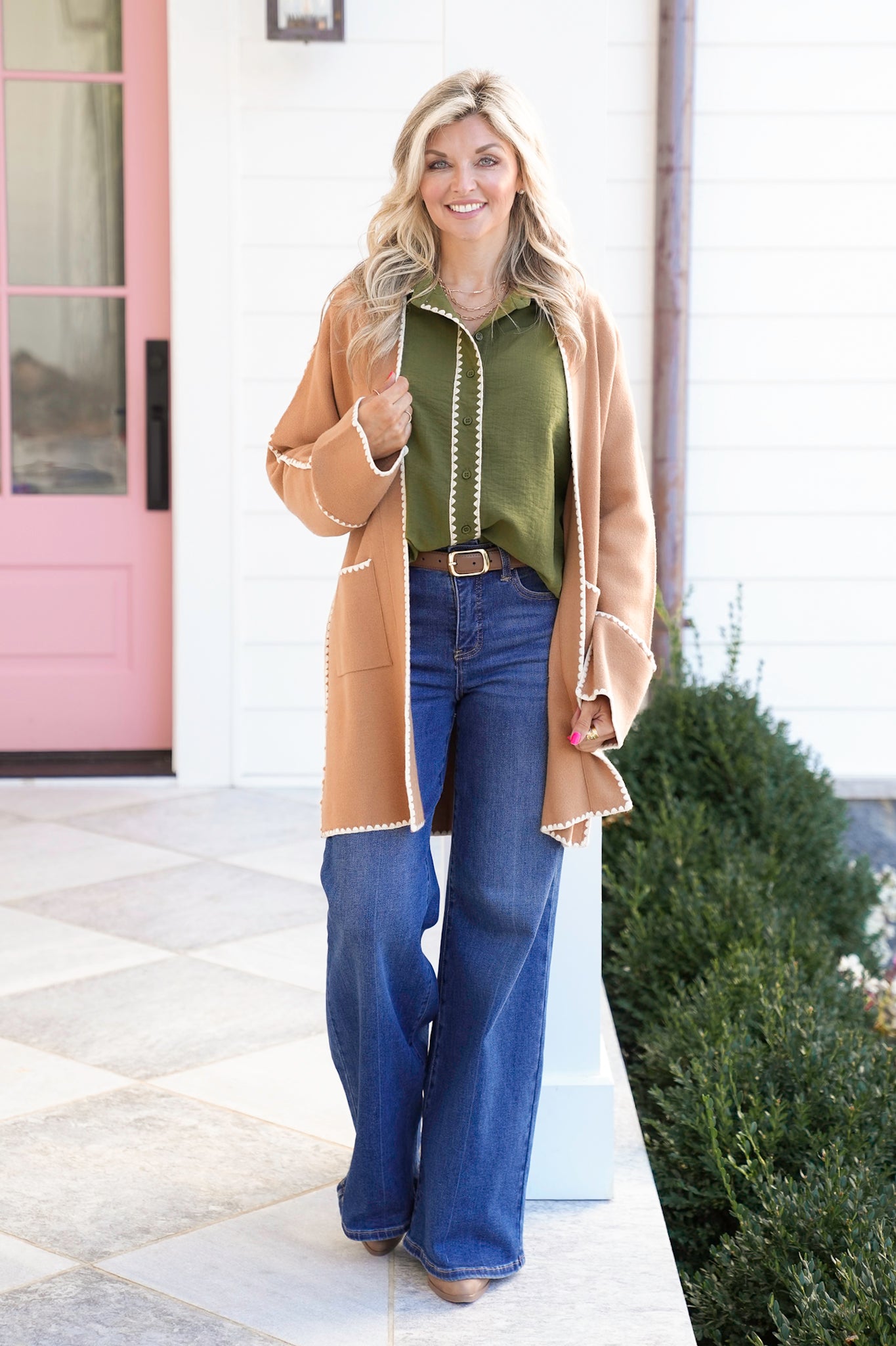 Long Sleeve Button Down Top with Blanket Stitch