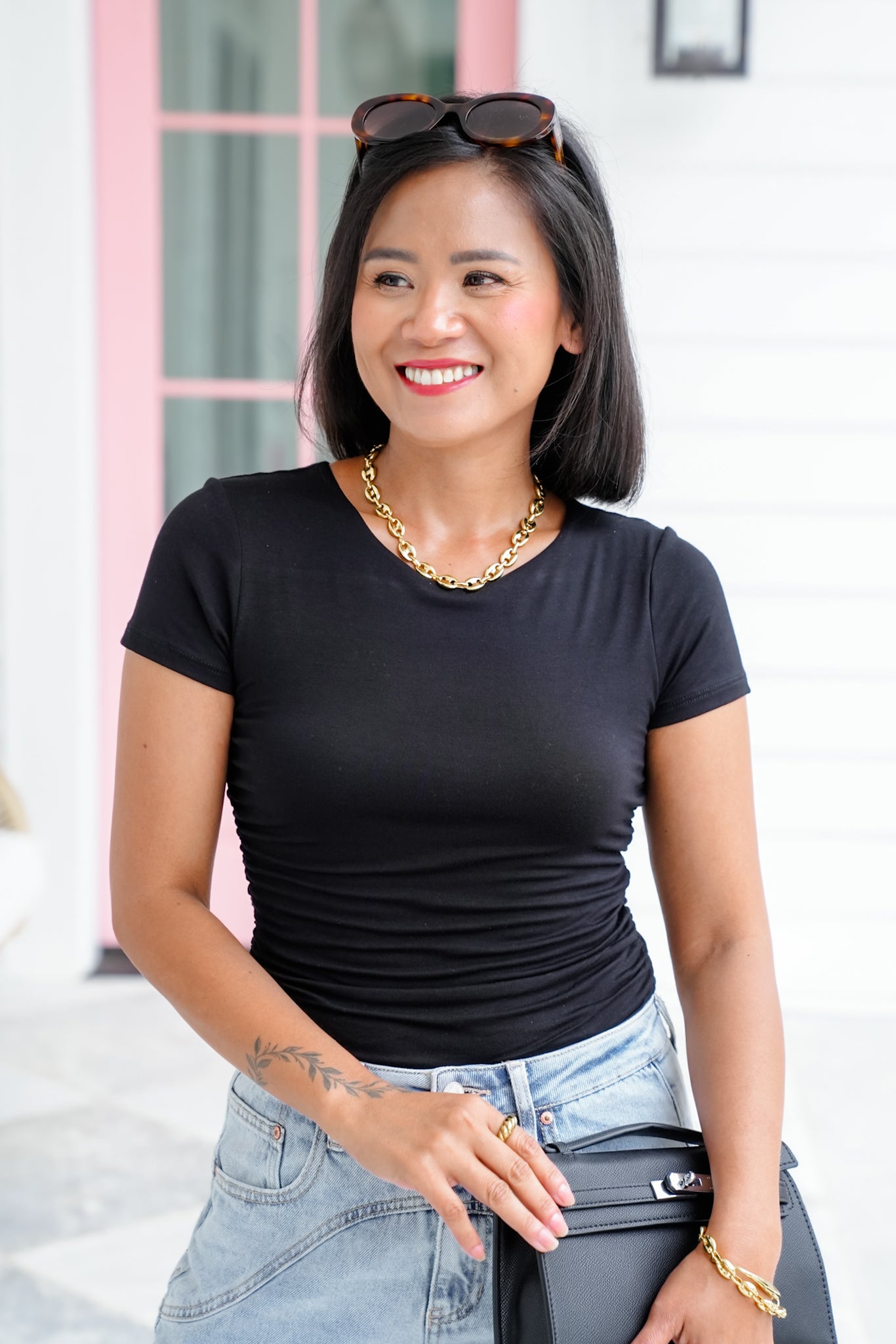 Short Sleeve Bodysuit with Ruching Detail