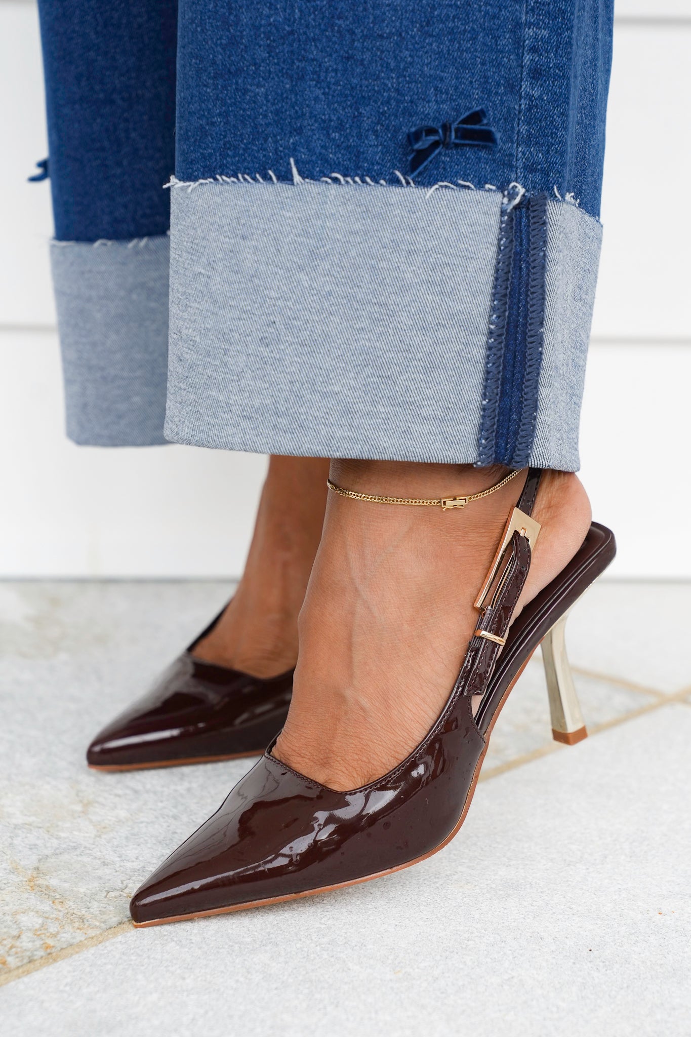 Glossy Slingback Heels with Gold Buckle