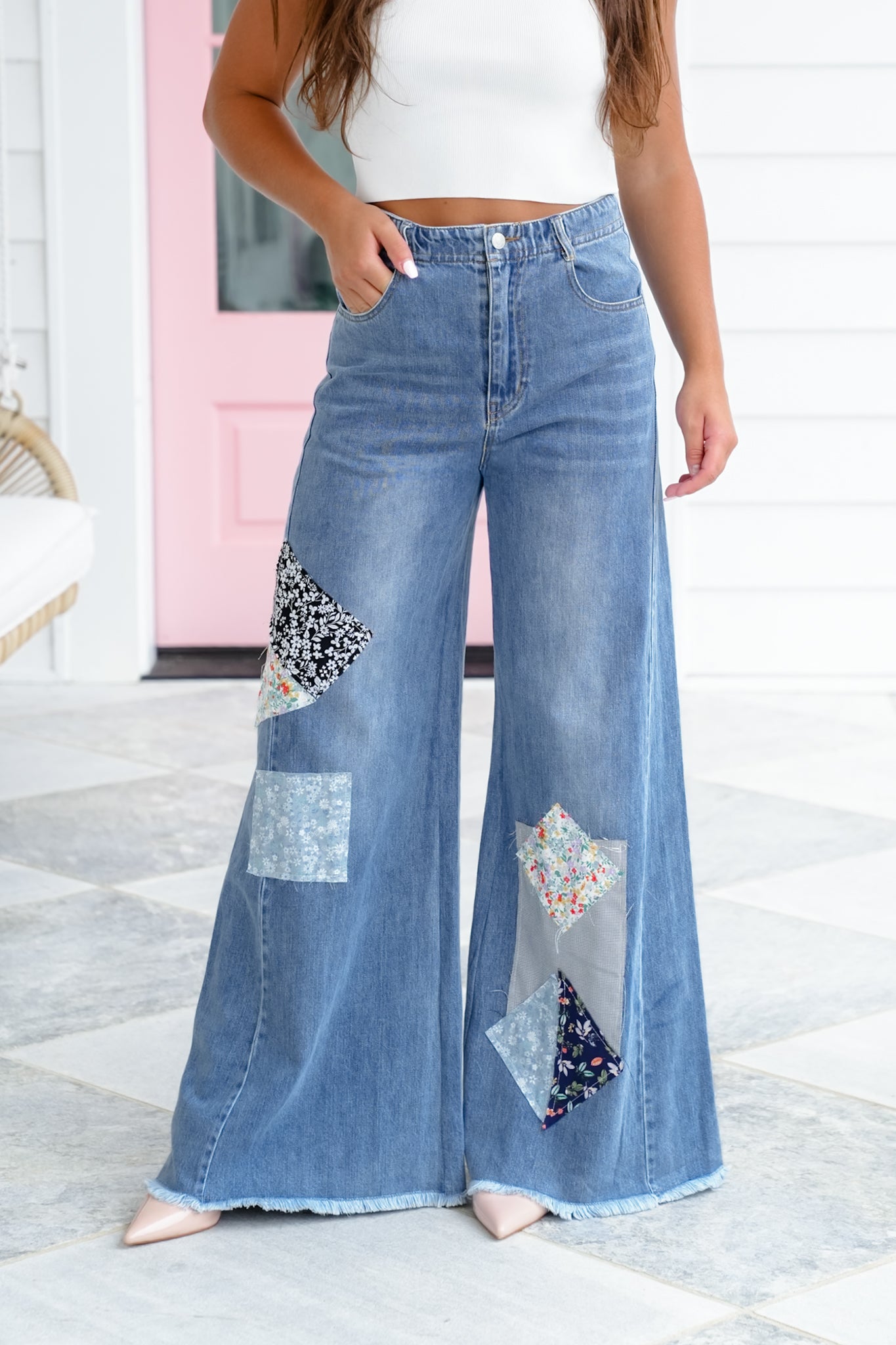 Plus/Reg Denim High Waist Wide Leg Knit Jean with Patchwork Detail