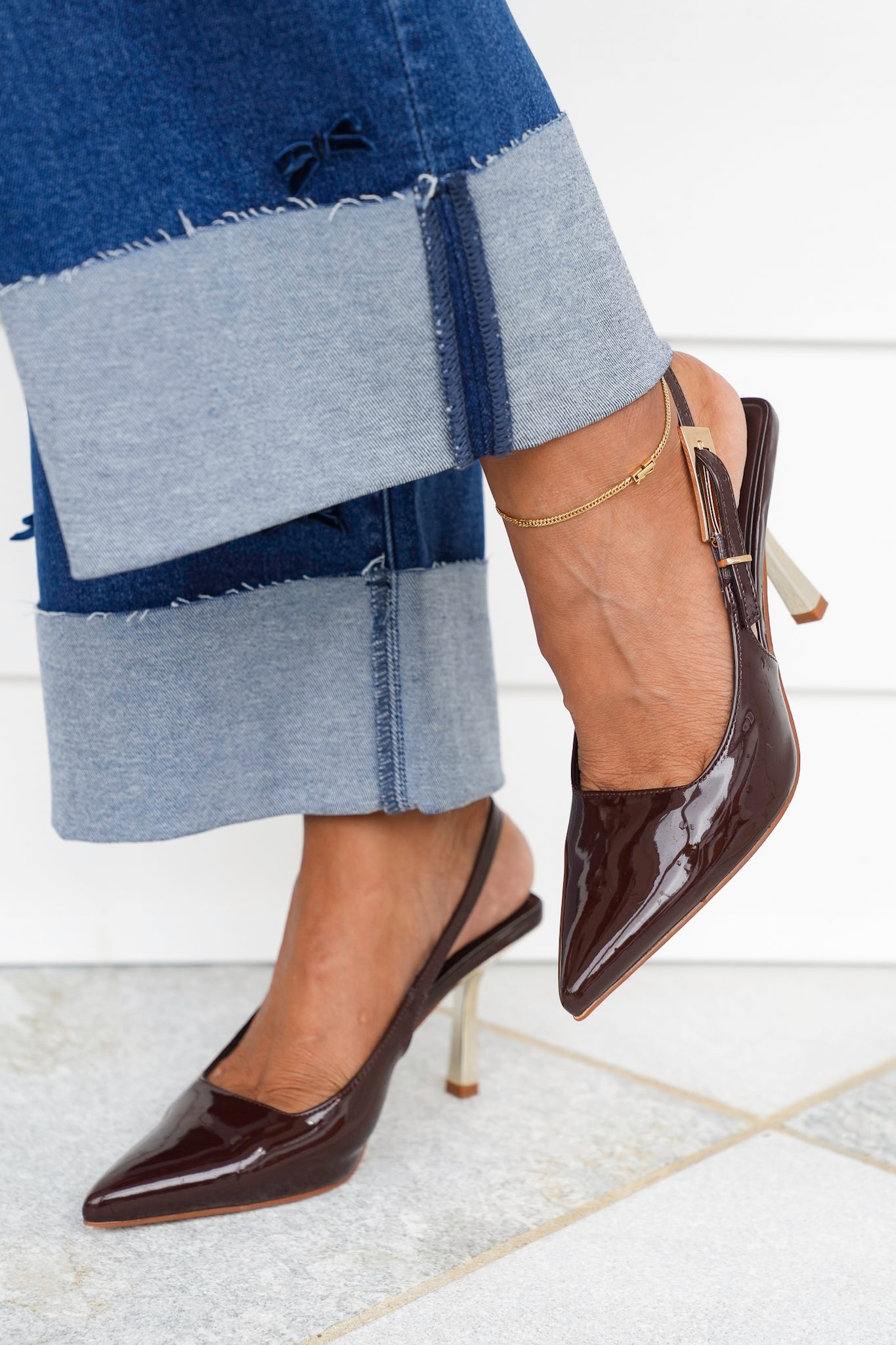 Glossy Slingback Heels with Gold Buckle