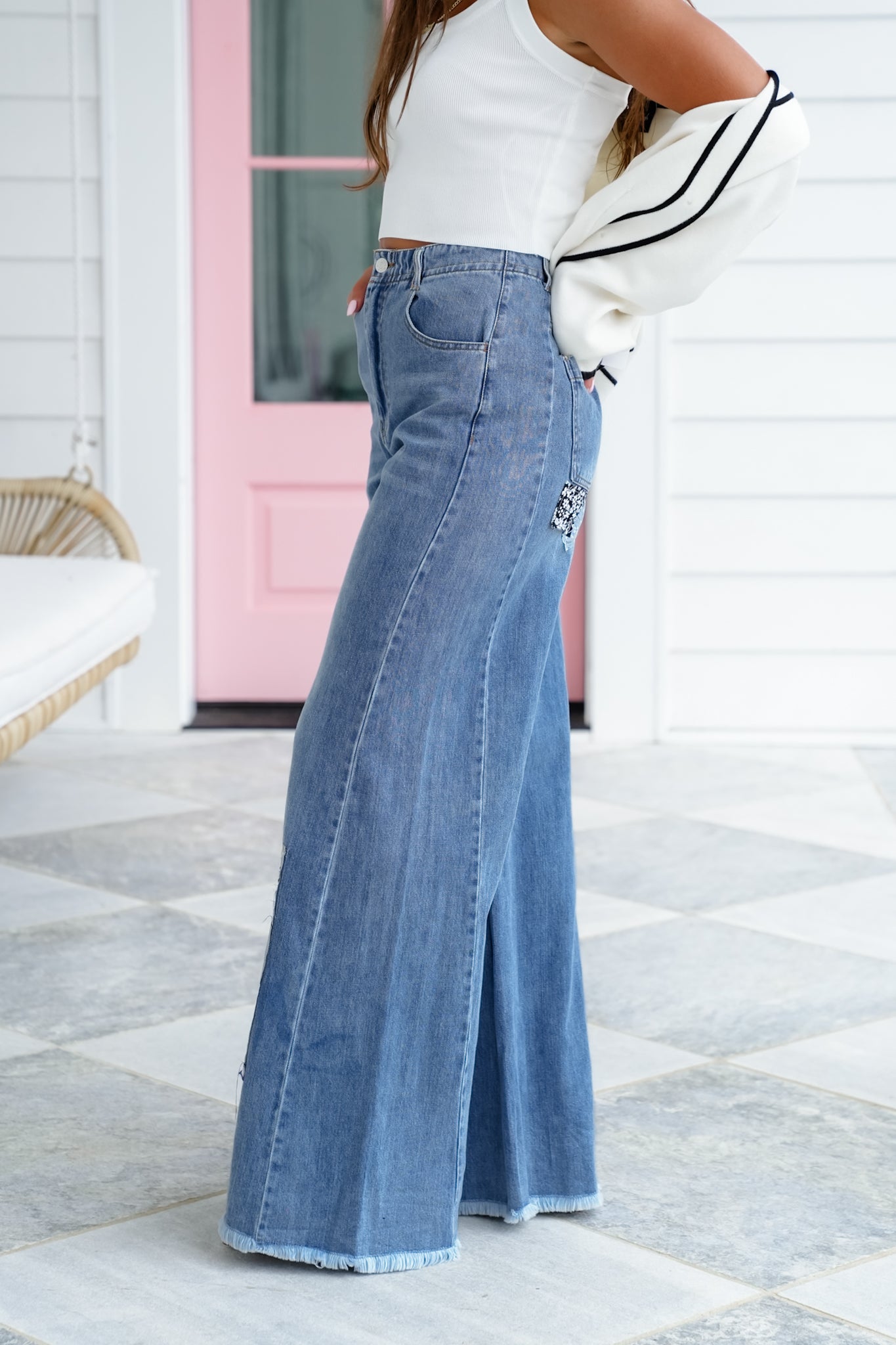 Plus/Reg Denim High Waist Wide Leg Knit Jean with Patchwork Detail