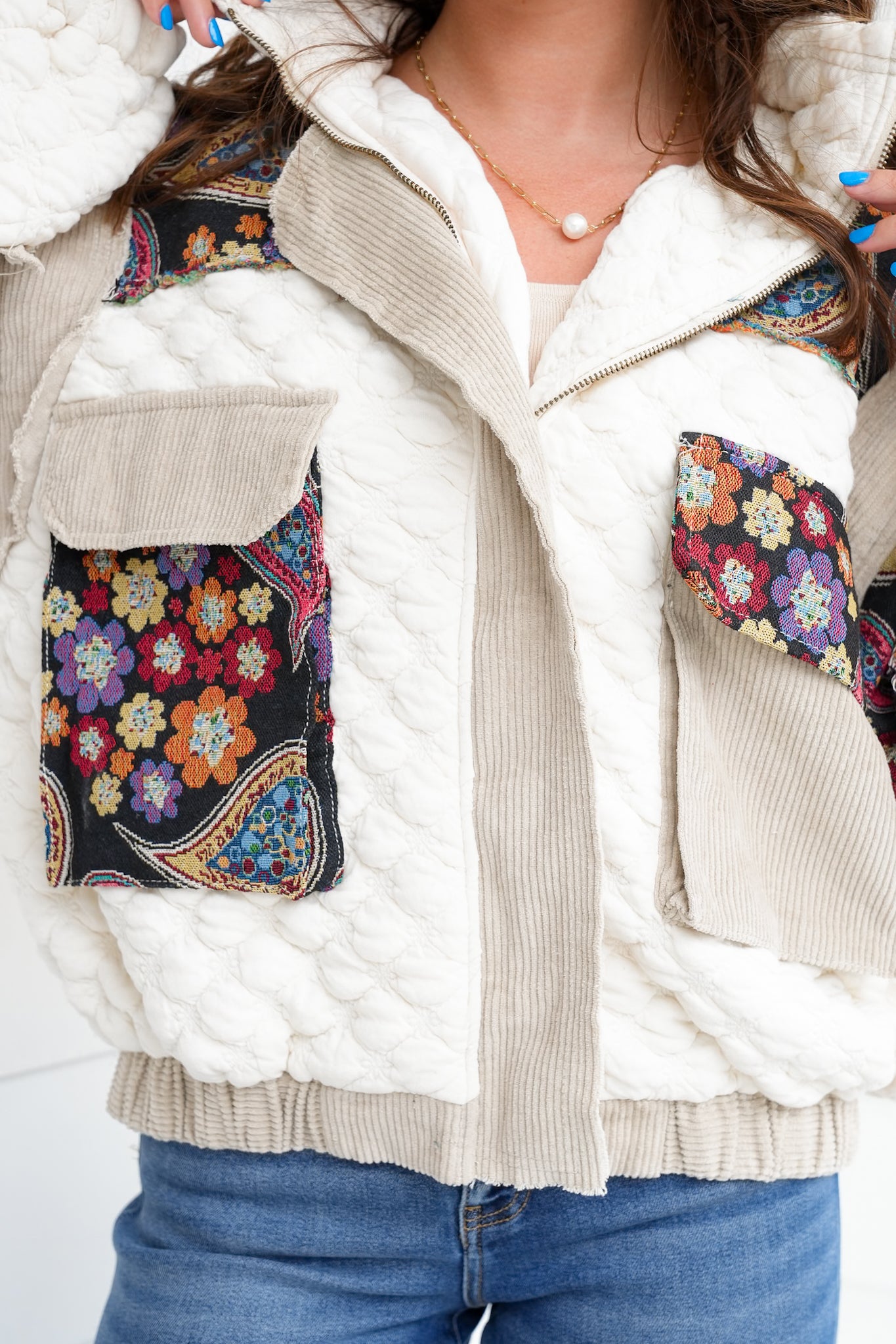 POL Ivory Long Sleeve Zip Up Hoodie Jacket with Paisley Detail