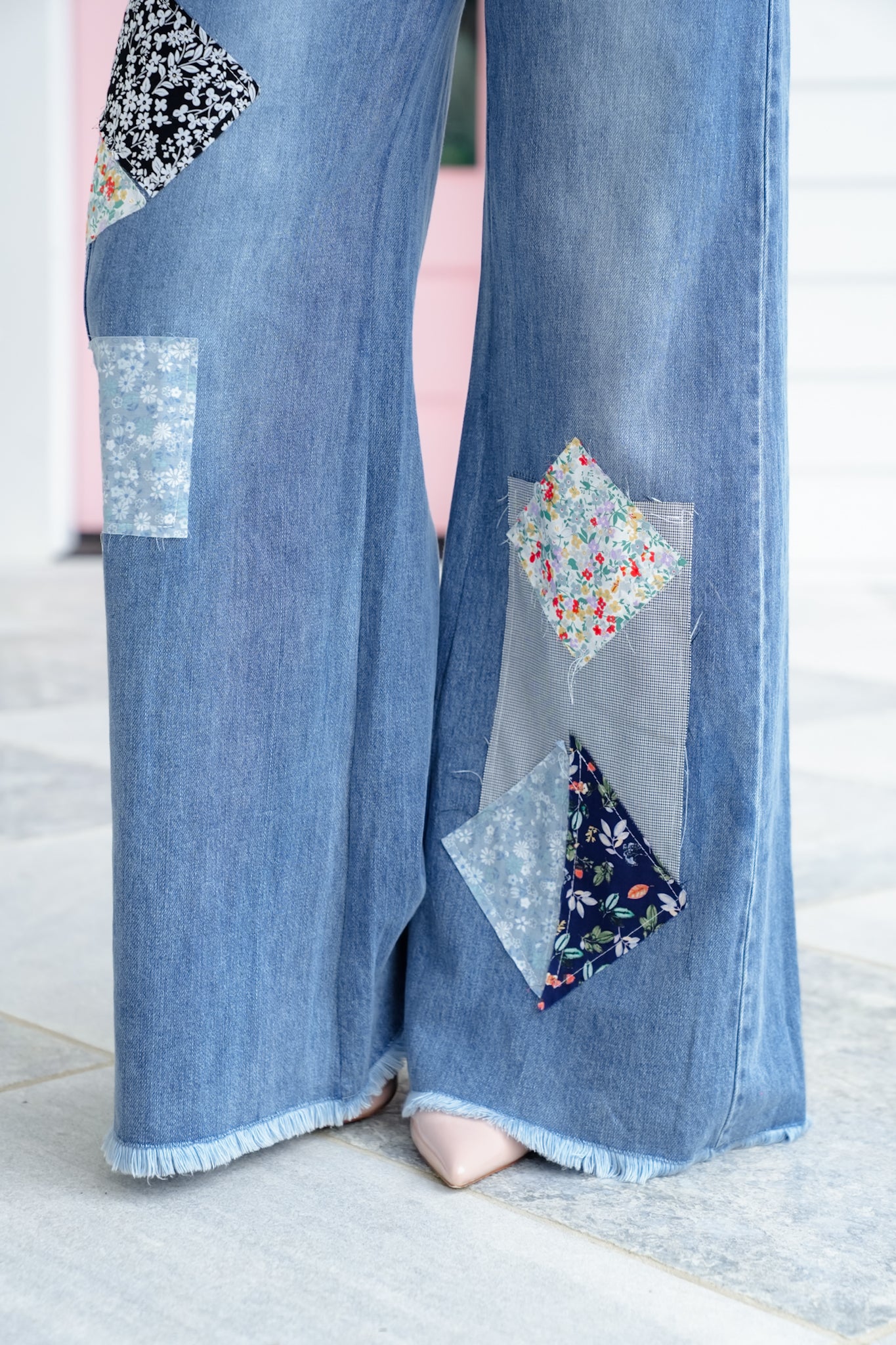 Plus/Reg Denim High Waist Wide Leg Knit Jean with Patchwork Detail