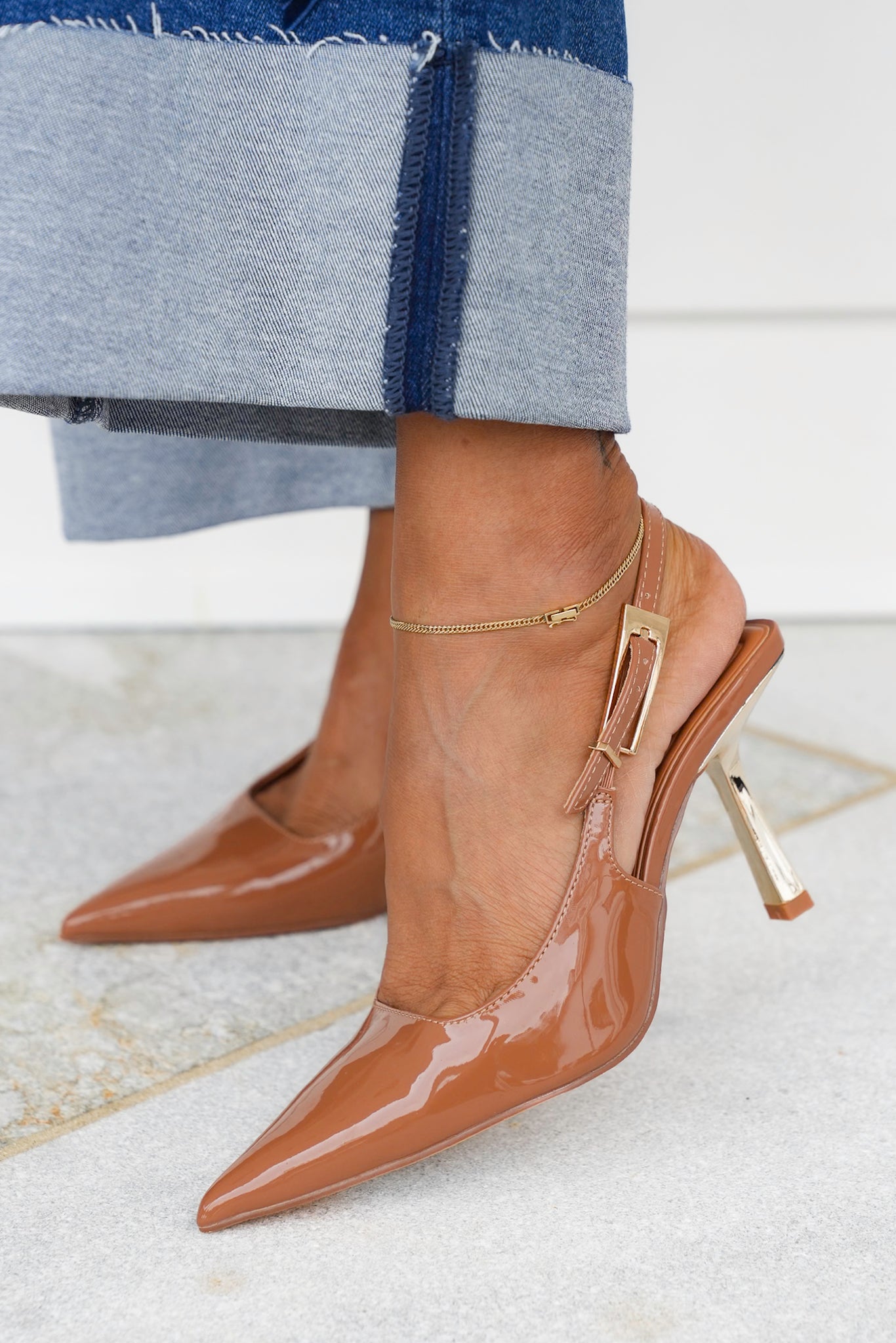 Glossy Slingback Heels with Gold Buckle