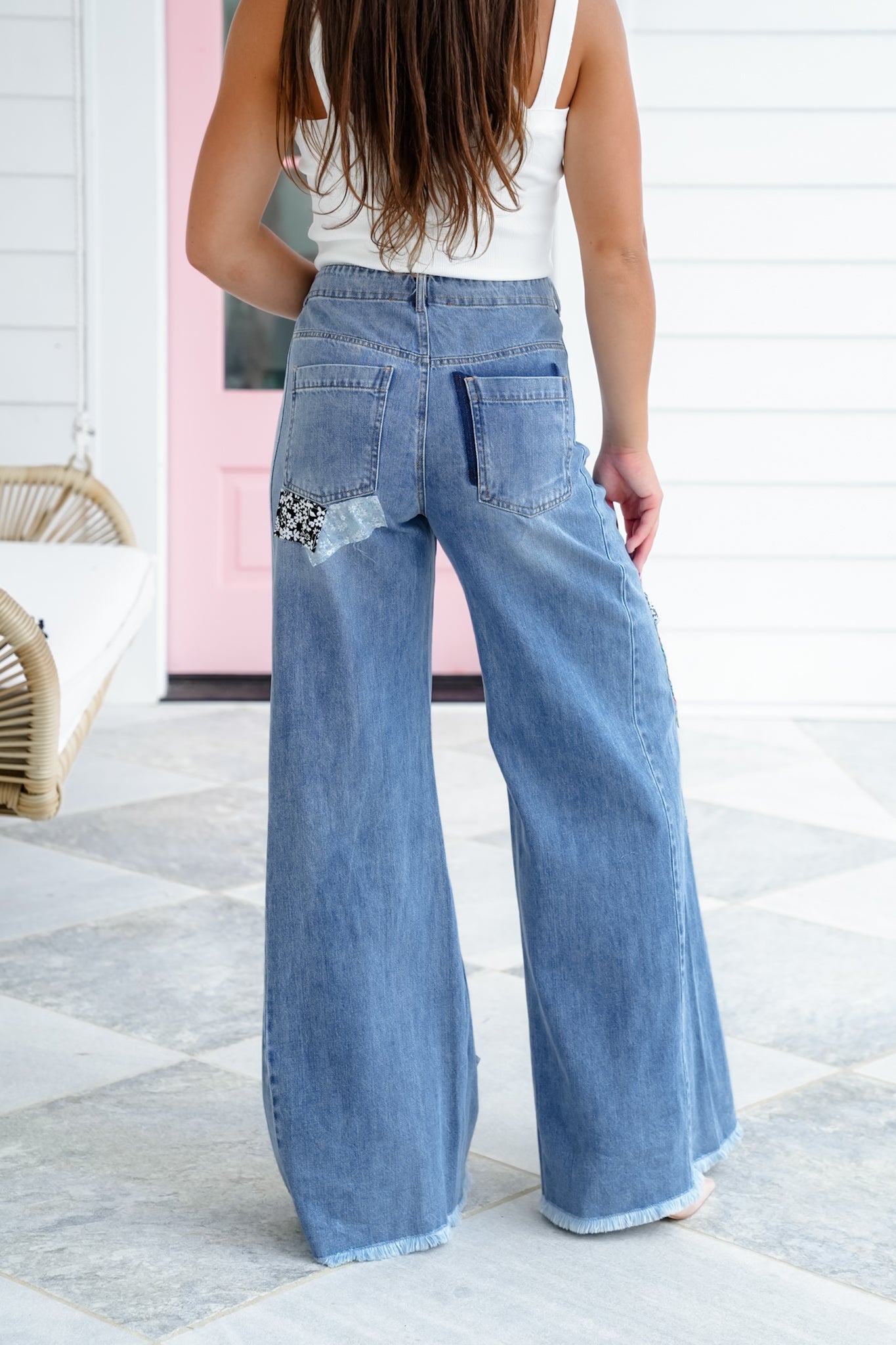 Plus/Reg Denim High Waist Wide Leg Knit Jean with Patchwork Detail