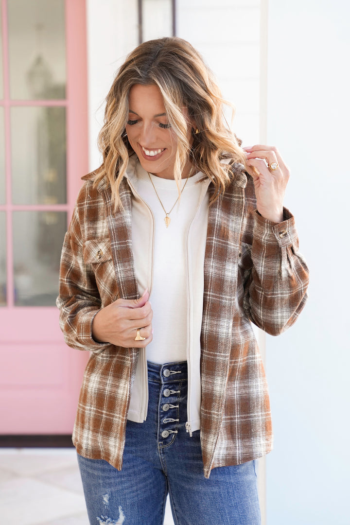 Plaid Long Sleeve Layered Hooded Jacket