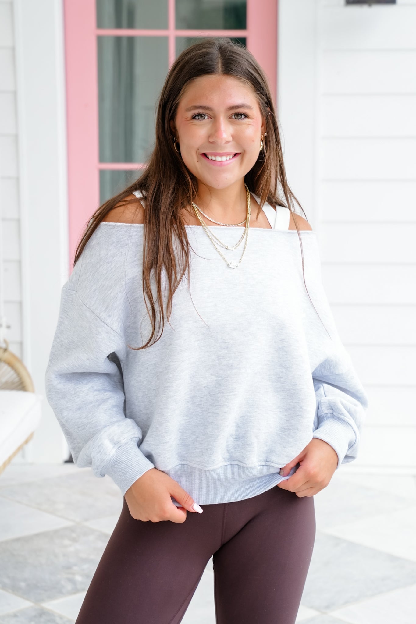 Plus/Reg French Terry Long Sleeve Off Shoulder Top