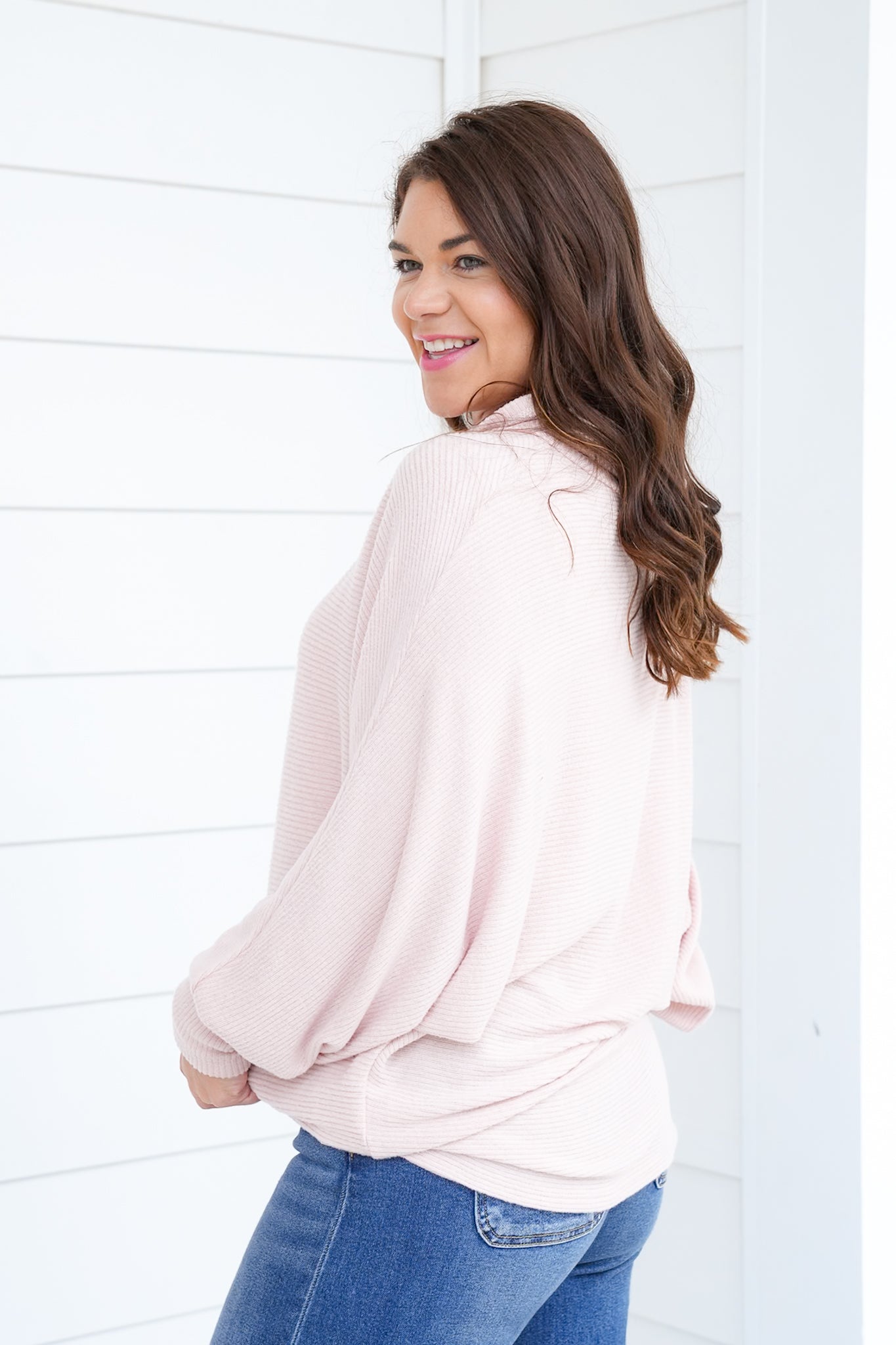 Plus/Reg Ribbed Long Sleeve Cowl Neckline Top