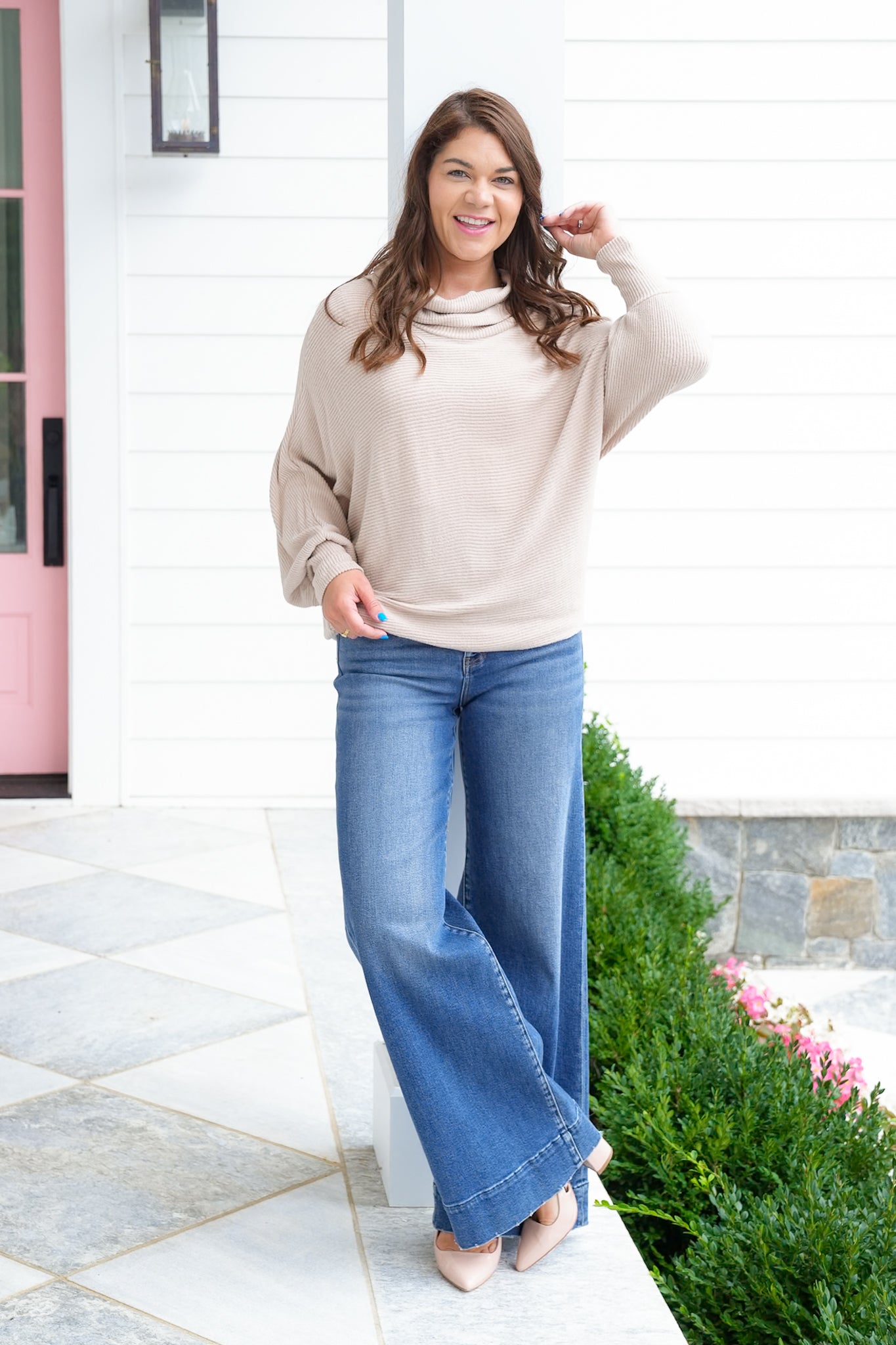 Plus/Reg Ribbed Long Sleeve Cowl Neckline Top