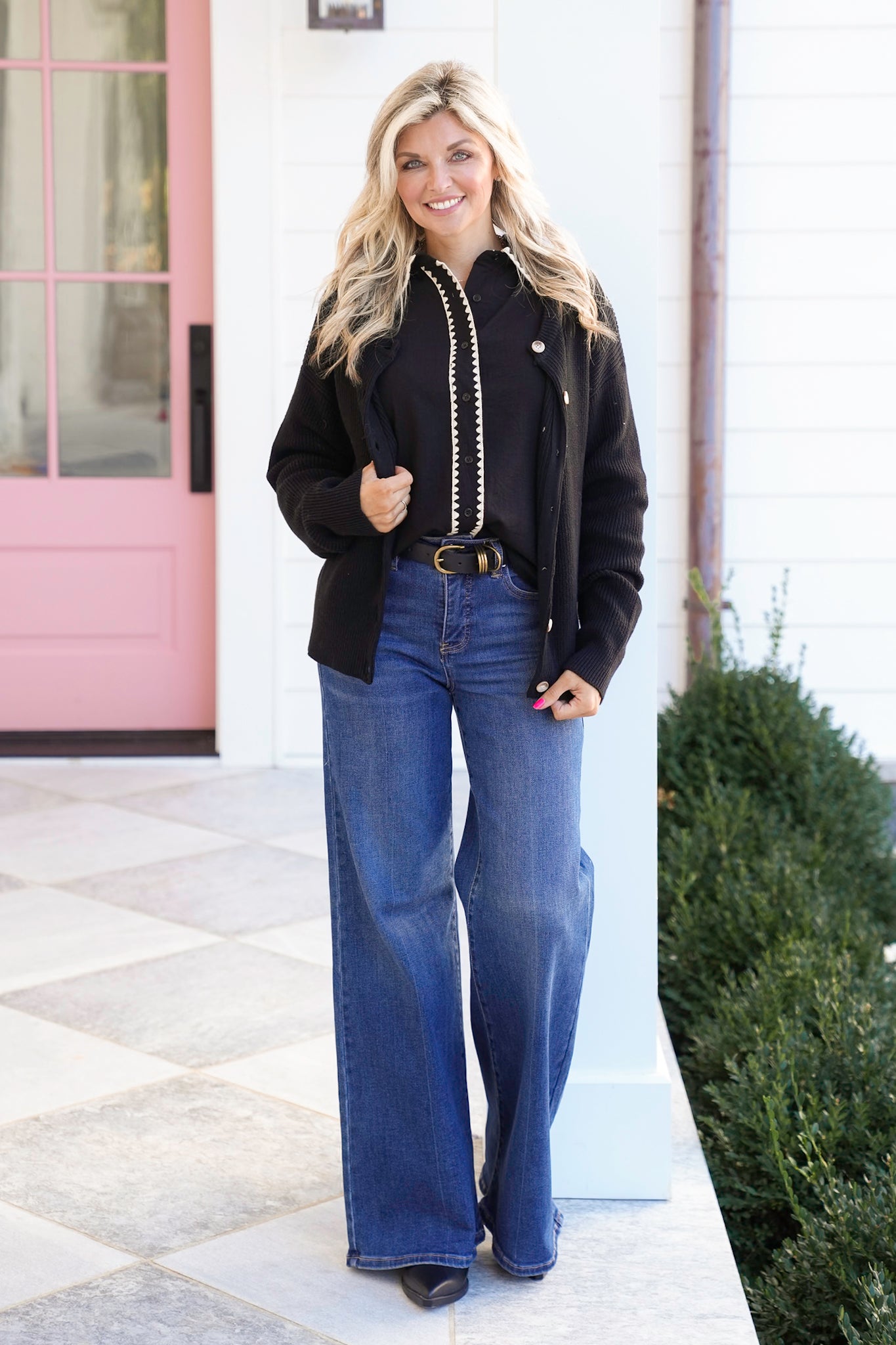 Long Sleeve Button Down Top with Blanket Stitch