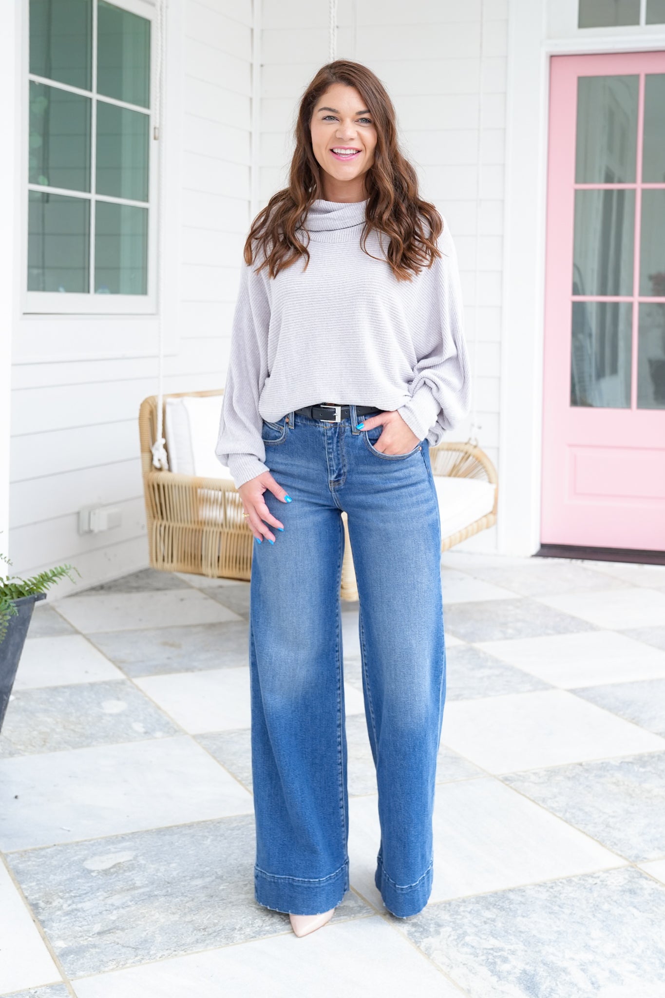 Plus/Reg Ribbed Long Sleeve Cowl Neckline Top