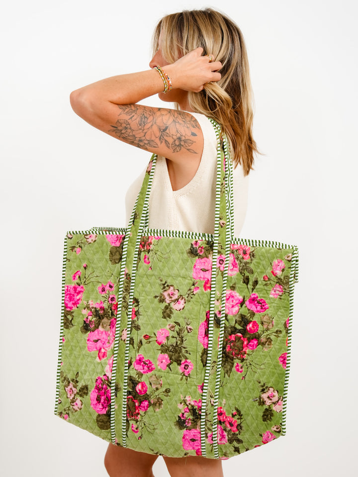 POL Lime Botanical Velvet Quilted Tote Bag
