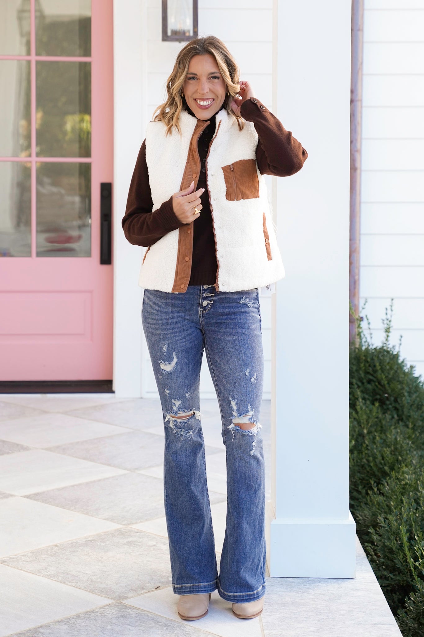 Sherpa Vest with Corduroy Trim