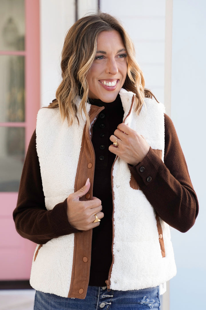 Sherpa Vest with Corduroy Trim