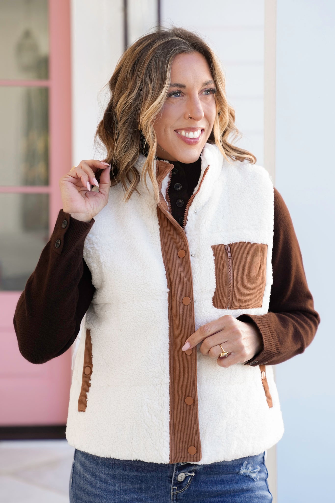 Sherpa Vest with Corduroy Trim