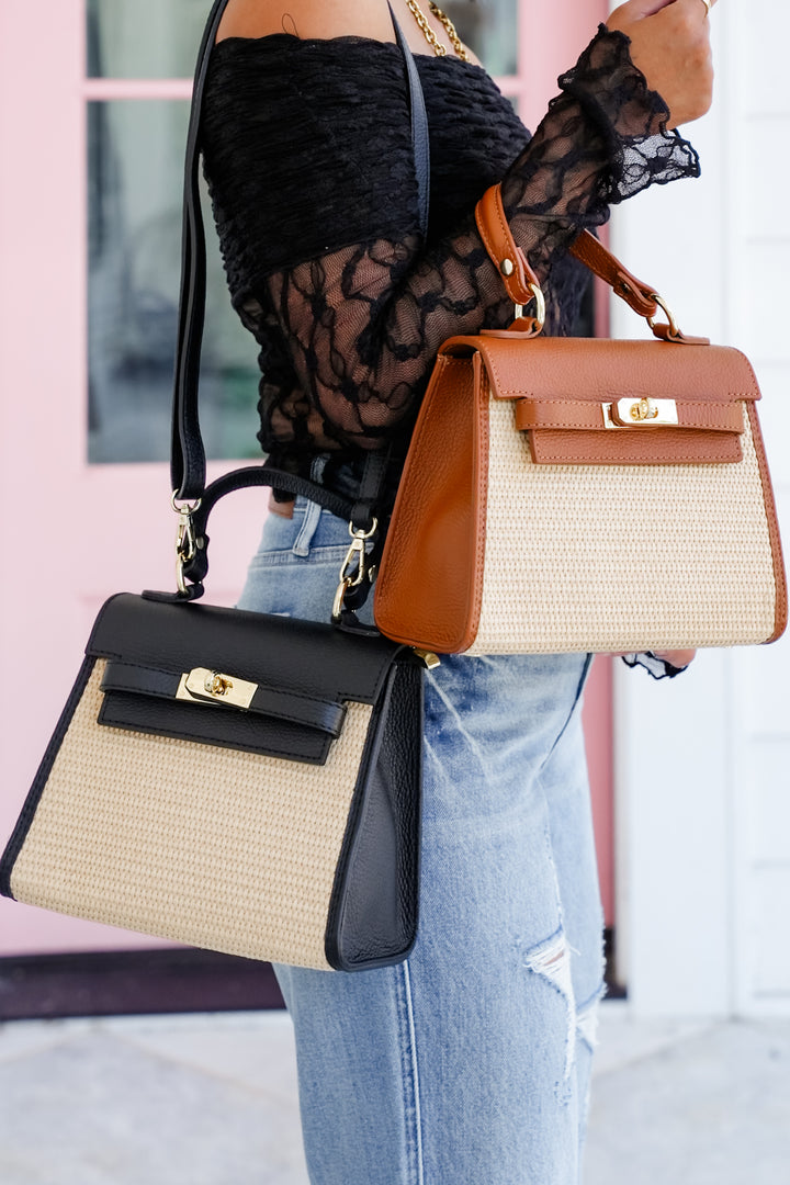 Raffia and Leather Top Handle Crossbody Bag