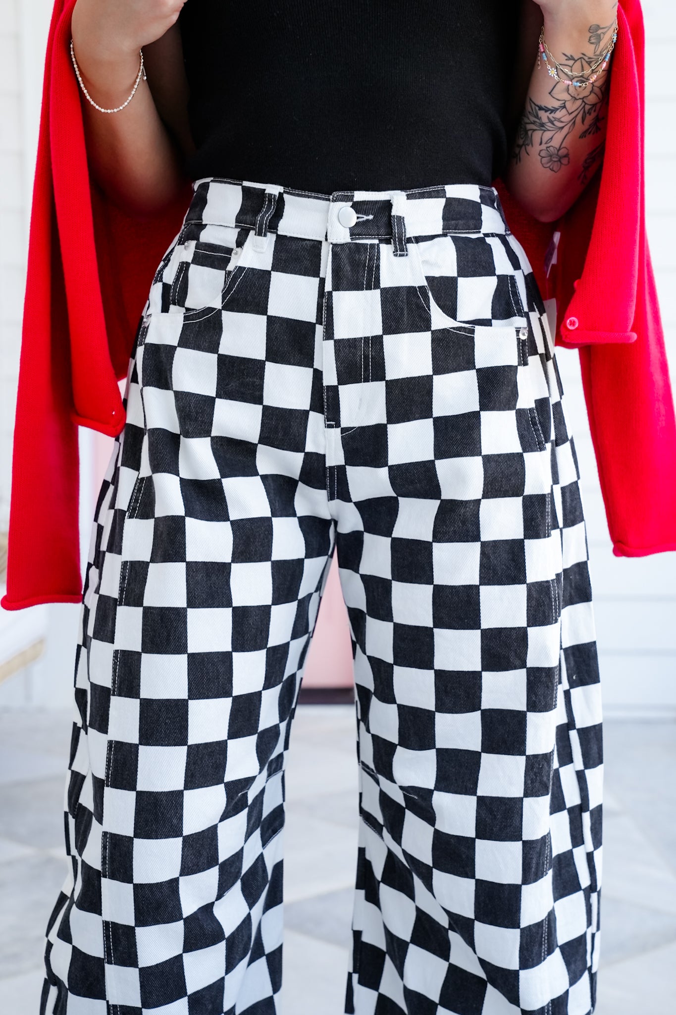 Plus/Reg Checkered Print Barrel Pants